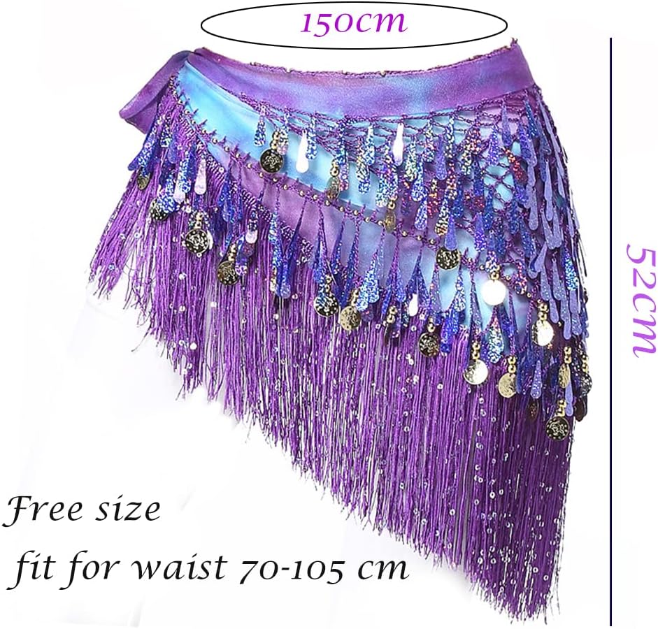 Women Belly Dance Hip Scarf with Tassels Sequins, Triangle Coins Wrap Skirt Music Festival Clothing