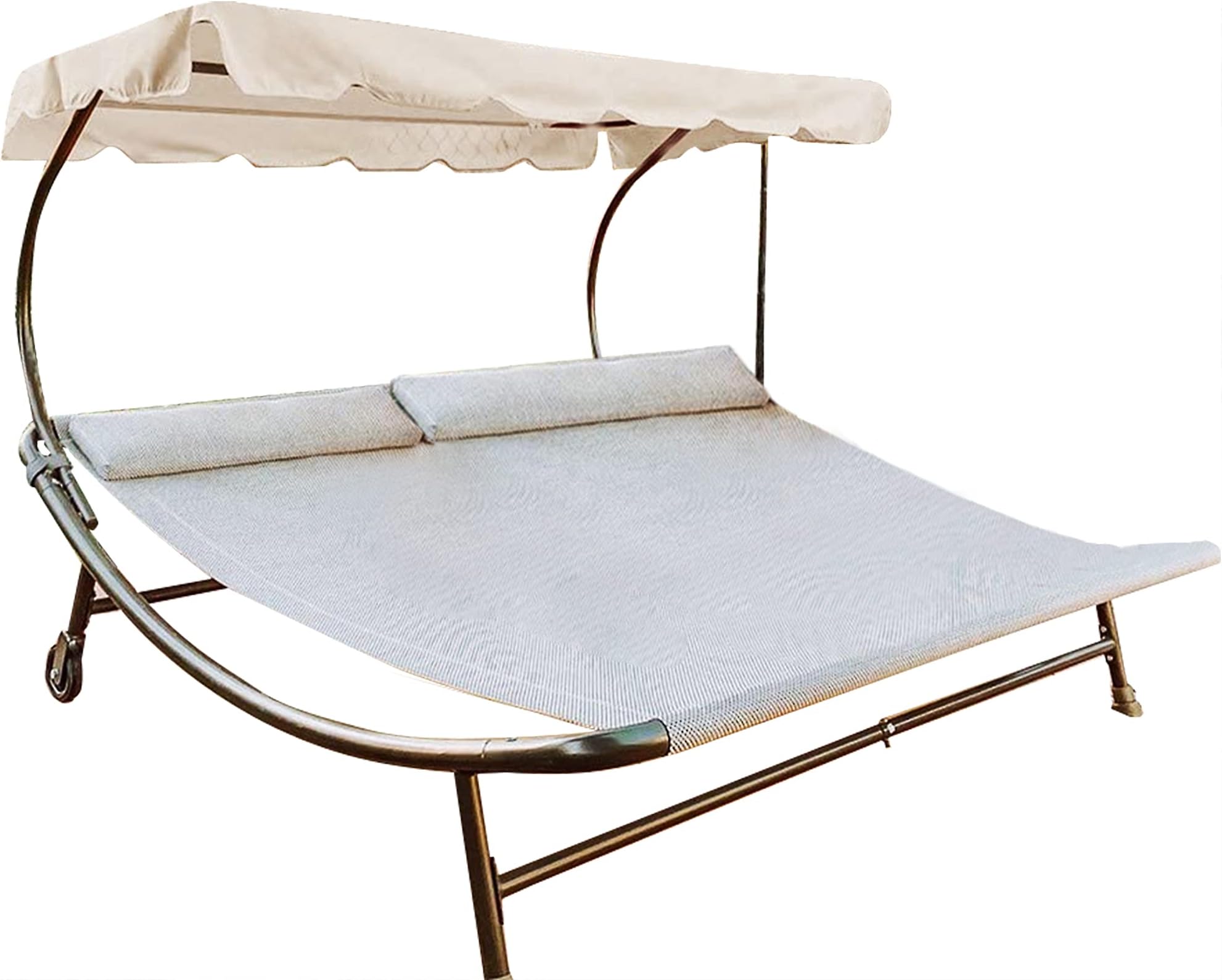 Abba Patio Chaise Lounge with Adjustable Canopy Headrest Pillow for 2 Person, Outdoor Sunbed Wheeled Hammock Bed for Sun Room, Garden, Beige, L x 6.5'W