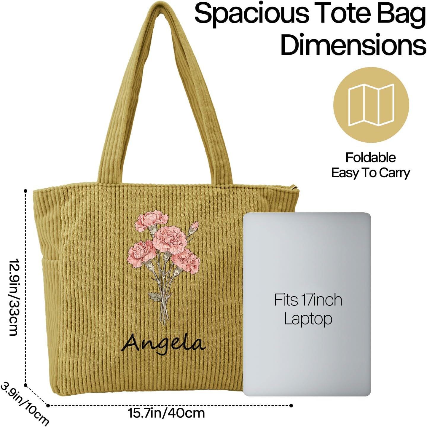 Personalized Birth Flower Corduroy Tote Bag for Women, Custom Name Large Shoulder Bag Handbags With Zipper for Work Travel Shopping, Mother's Day Graduation Birthday Gift for Women & Girls, b