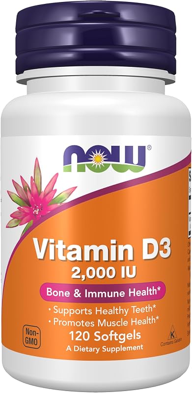Suplementos de NOW Foods, vitamina D-3 2000 UI, alta potencia, soporte estructural*, 120 cápsulas blandas