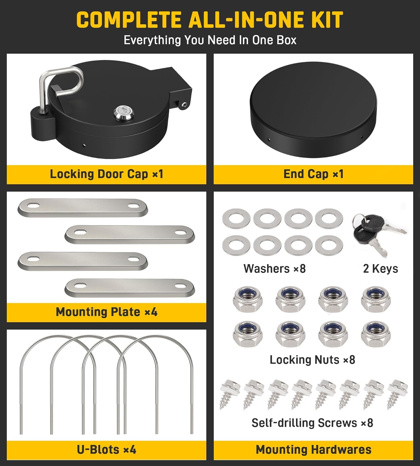 Wyckoff 6”Conduit Carrier Kit, Aluminum Locking End Caps for 6 Inch PVC Pipe - Mounting Hardware Included, Spring-Loaded Latch, Weather-Resistant Door Gasket, No Drilling Required - Black