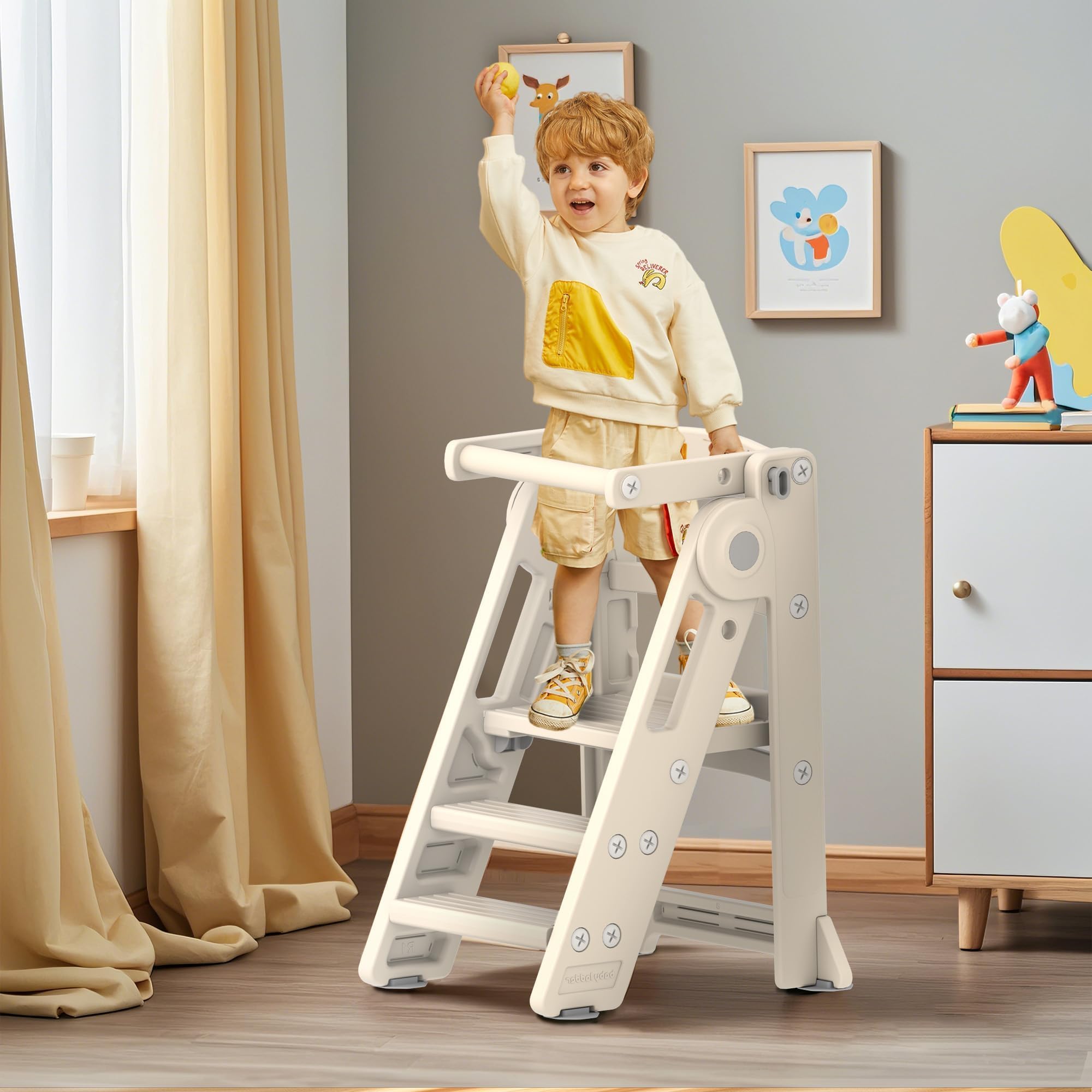 hoopyosms 2-in-1 inklapbare leertoren en in hoogte verstelbare Montessori- kruk, veelzijdige trap met zitset en tablet voor kinderen, Beige