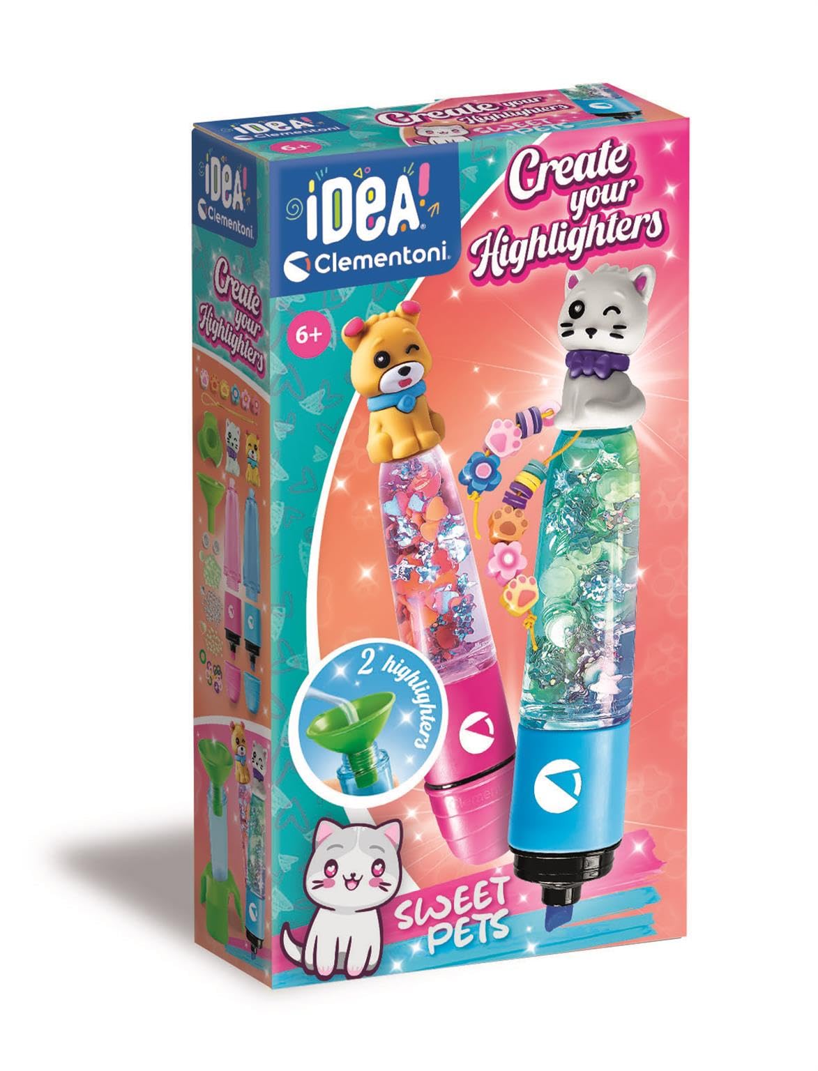 Clementoni Idea - Create Your Highlighters: Sweet Pets, Personalised Highlighter Lab, Creative Kit for Children 6+ Years, with 3 Customisable Highlighters with Accessories, 18875