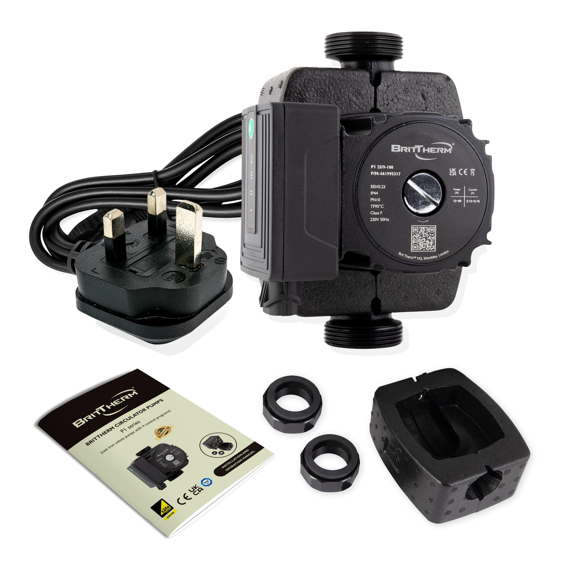 BritTherm P1 25/9-180 A-Rated Central Heating Circulating Pump | 9m Head, 5.4 m3/h Max Flow, EEI <0.21 | Auto/Night Modes, 180mm Port-to-Port, 1 1/2" Connections