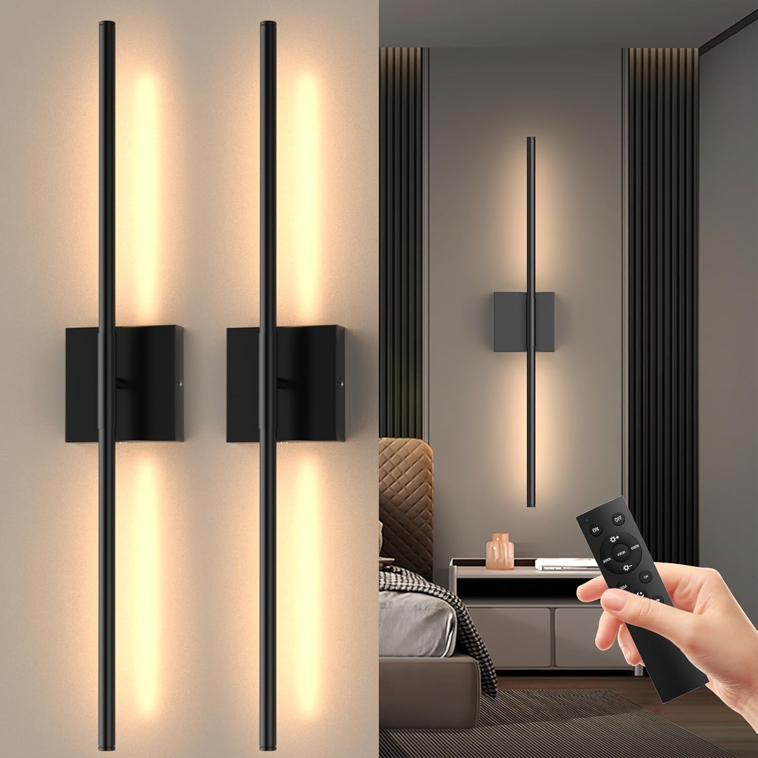 Battery Operated Wall Sconces Set of Two, Rechargeable Wall Lights with Remote Control, Dimmable 3000K-6000K LED Wall Lamp, 360°Rotate, Long Wireless Sconces for Living Room, Bedroom
