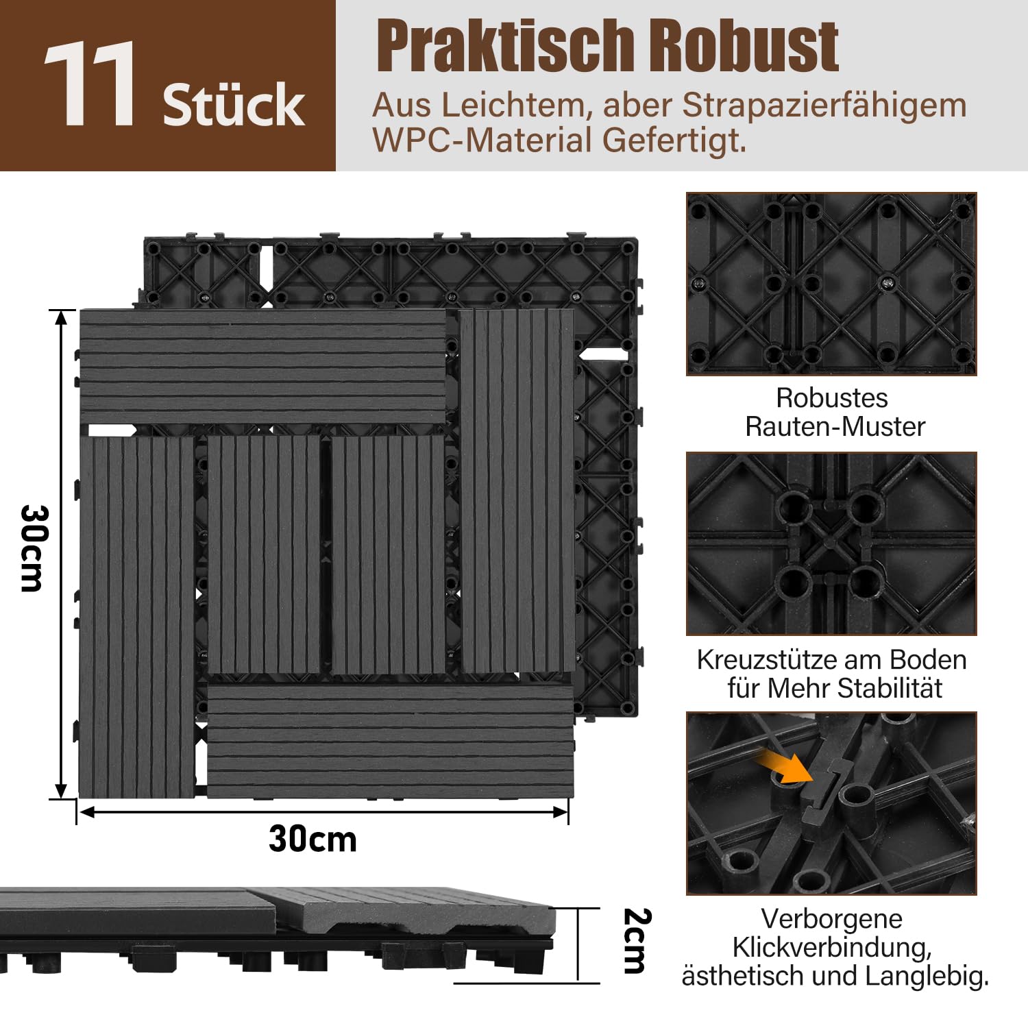 Eulenke Płytki tarasowe z kompozytu WPC, 11 sztuk, 30 x 30 cm, deski tarasowe na balkon, z klikiem, płytki tarasowe o wyglądzie drewna, wykładzina podłogowa, odporna na działanie warunków