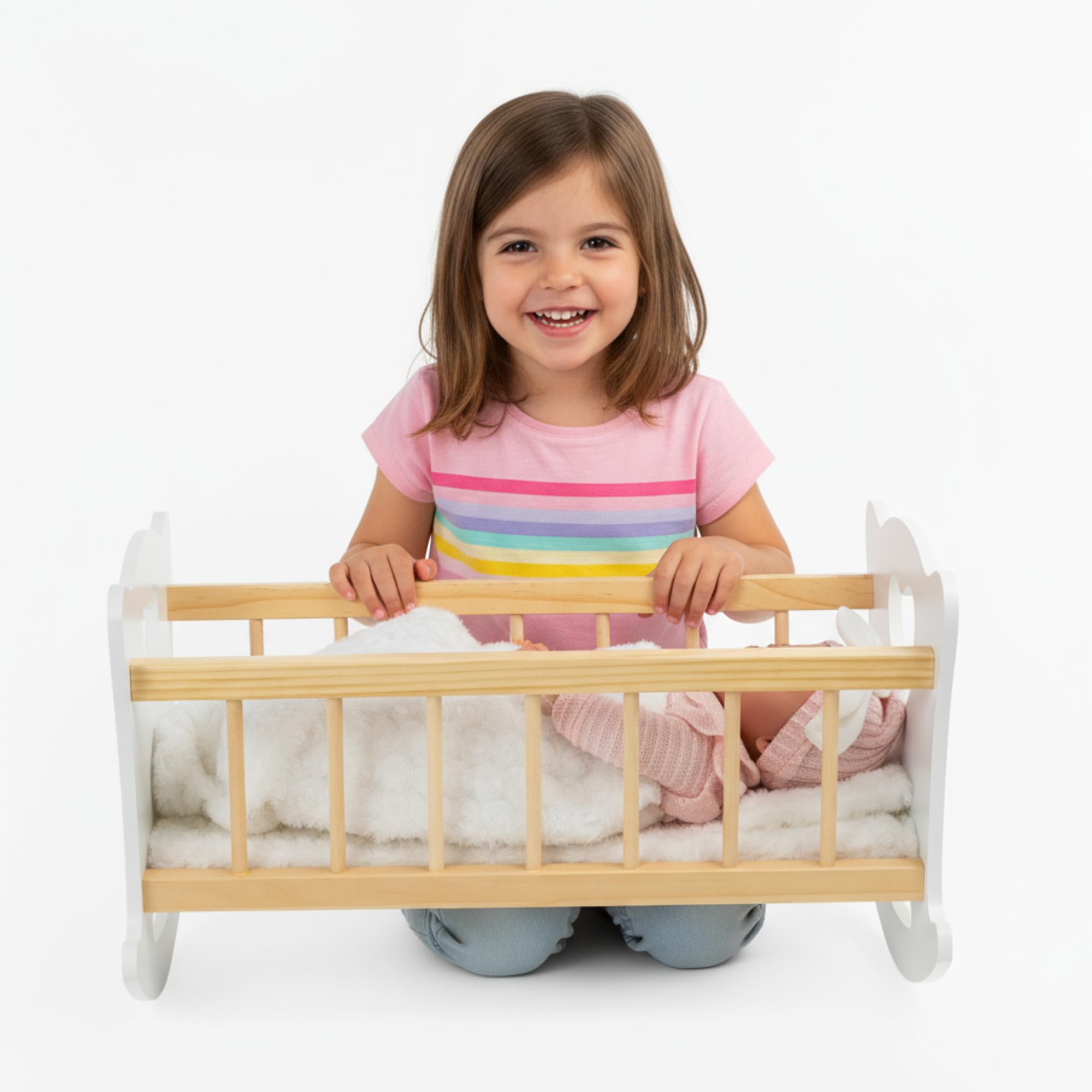 Kinderplay - Cuna de Madera con Ropa de Cama para muñecas de hasta 49,5 cm, Juguete de Madera para niñas a Partir de 3 años, Cuna sostenible para Juegos de rol y Regalo para niños