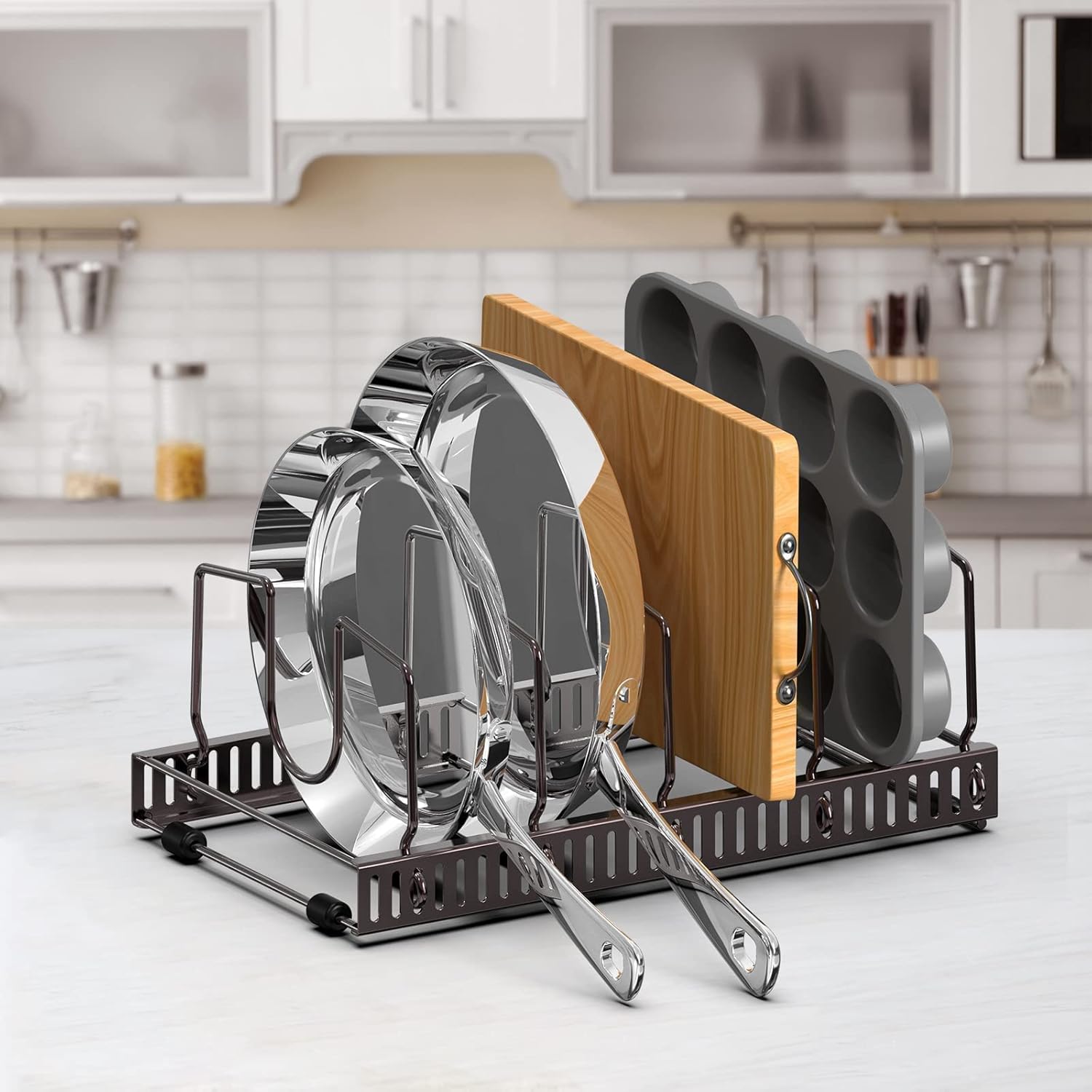 Puricon (3 Set) Pot Rack Pan Lid Organizer with 15 Adjustable Dividers, Pot Lid Skillet Griddle Cutting Board Baking Pan Holder, Cookware Rack for Kitchen Cabinet Cupboard Pantry Storage -Bronze: Home & Kitchen