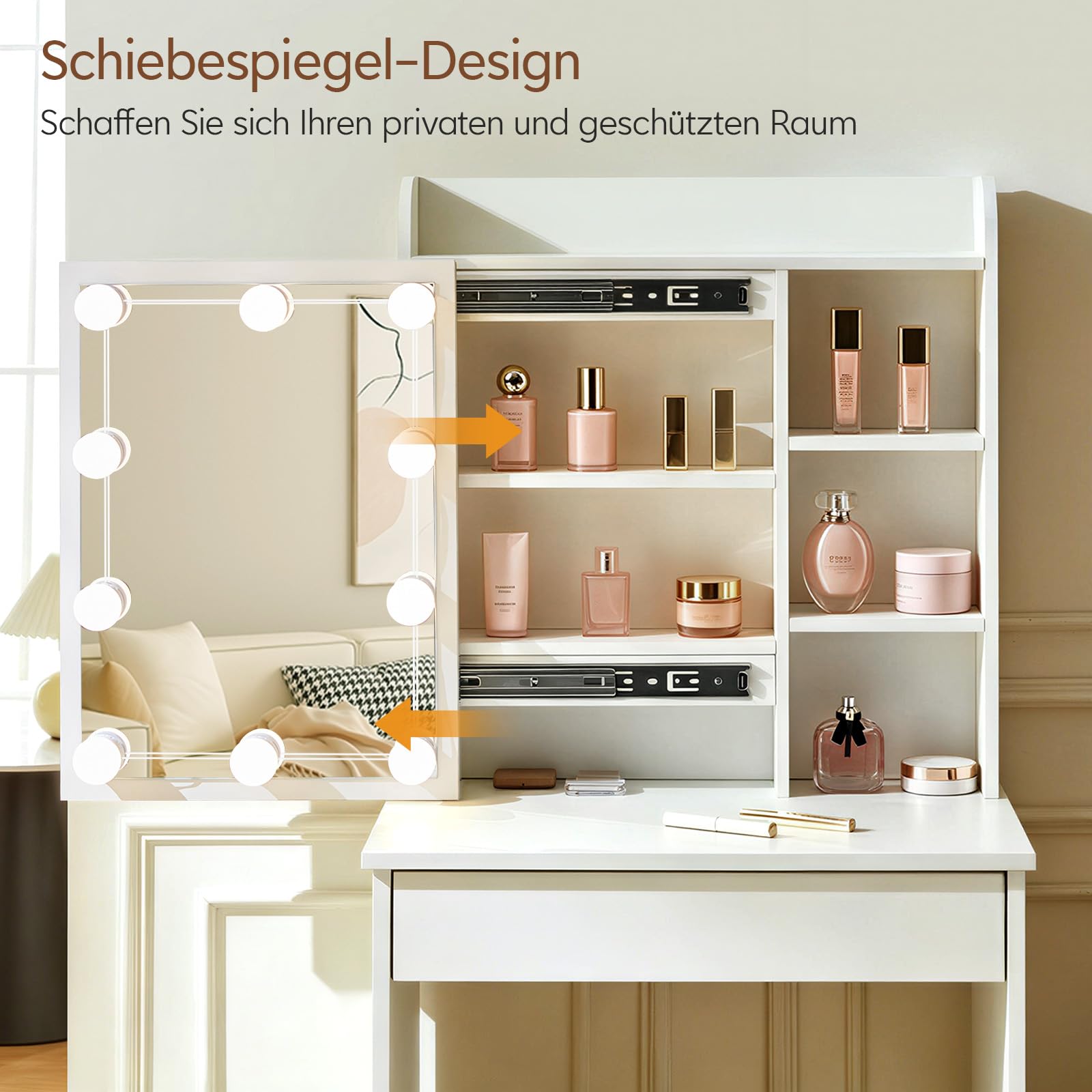 TUKAILAI Schminktisch mit Beleuchtung, Weiß Kosmetiktisch mit Schiebespiegel, Großer Schublade & Regalen, Frisiertisch Schmal mit Stuhl klein Schminktisch für Schlafzimmer 60x40x130cm