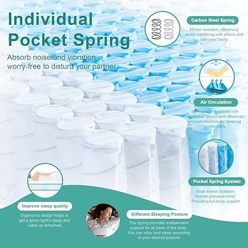 Miniatura 5 de Colchón individual, colchón híbrido de firmeza media con espuma de primera calidad y bobinas de bolsillo envueltas para aislamiento de movimiento,