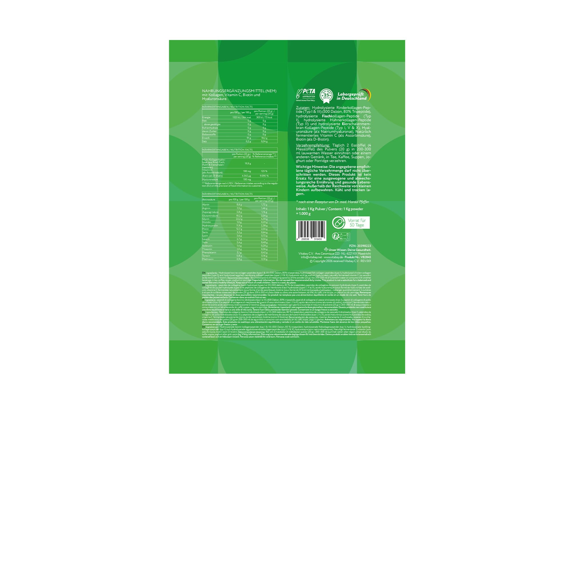 Vitabay Kollagen Pulver Komplex 2x1 kg Hochdosiert – Biotin & Hyaluronsäure | Bioaktive Collagen Hydrolysat Peptide Typ 1, 2, 3, 5, 10 – mit Vitamin C – Reine Qualität – Laborgeprüft & Geschmacksneutral