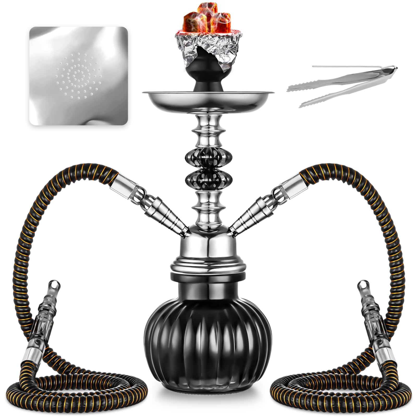 2 Hose Hookah Set With Everything - Mini Glass Pumpkin Shisha Vase, Hookah Foil (Black) 02-Black