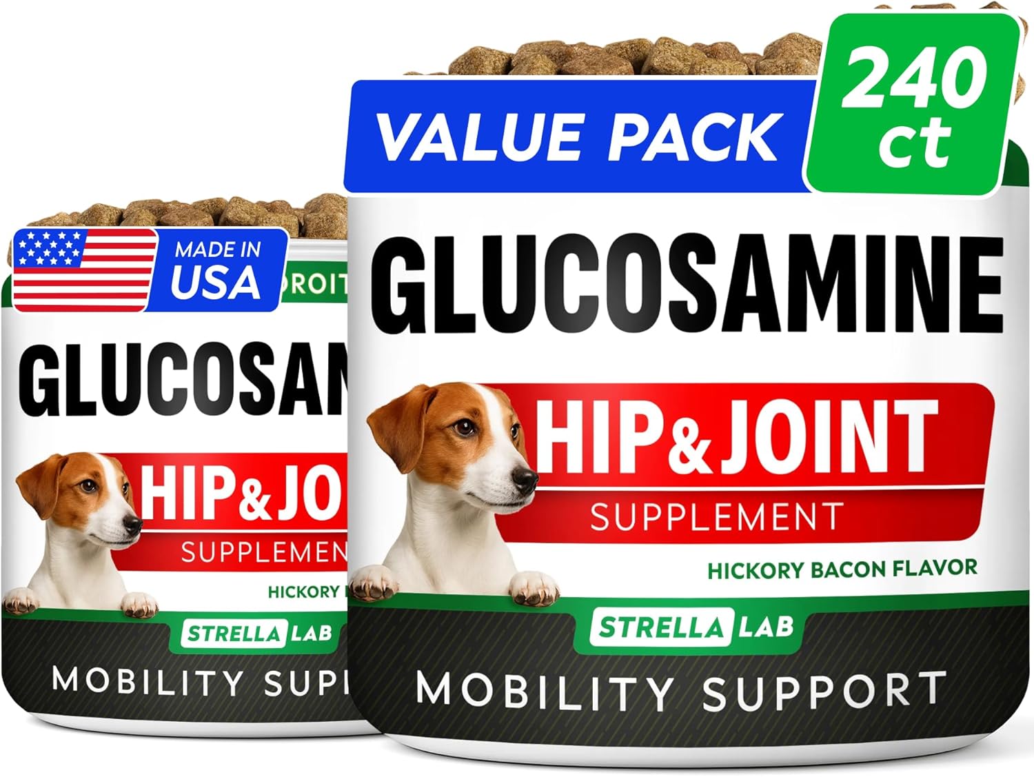 Glucosamine Treats for Dogs – Joint Supplement w/Omega-3 Fish Oil – Chondroitin, MSM – Advanced Mobility Chews – Joint Pain Relief – Hip & Joint Care – Hickory Bacon Flavor – 240 Ct – Made in USA