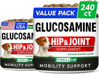 Glucosamine Treats for Dogs - Joint Supplement w/Omega-3 Fish Oil - Chondroitin, MSM - Advanced Mobility Chews - Joint Pain Relief - Hip & Joint Care - Hickory Bacon Flavor - 240 Ct - Made in USA