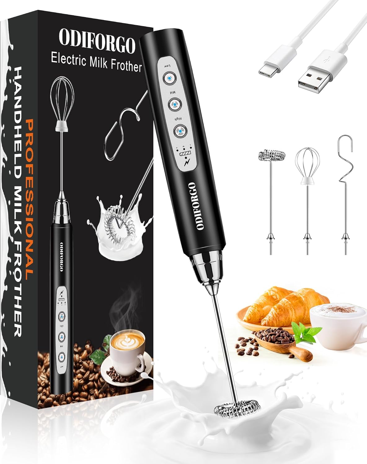 Rechargeable Milk Frother, Handheld Electric Whisk with 3