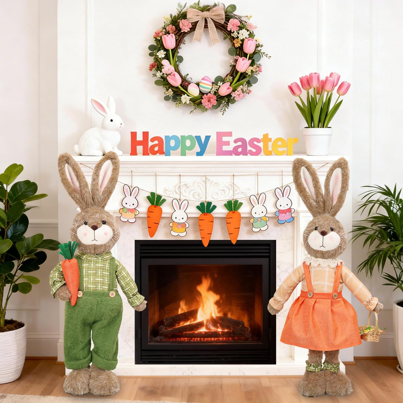 2 Stück Osterhasen Figuren, 61cm Plüsch Osterhase Deko Figur, Stehende Osterdeko mit Teleskopbeinen, Niedlich Ostern Deko Hase Moderne Frühlingsdeko Osterschmuck für Tisch, Zuhause Wohnzimmer