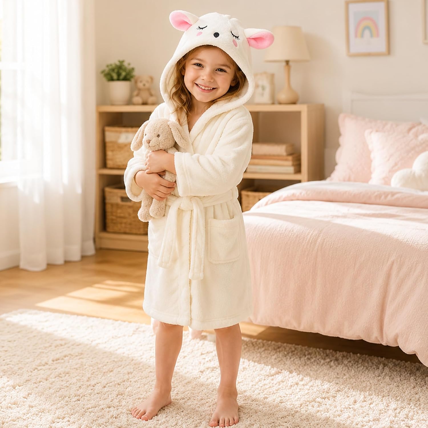 ACTLATI Toddler Dinosaur Lamb Hooded Bathrobe – Soft Flannel Robe with Tail, Belt & Pockets, Cozy Robe for Kids Ages 3-7