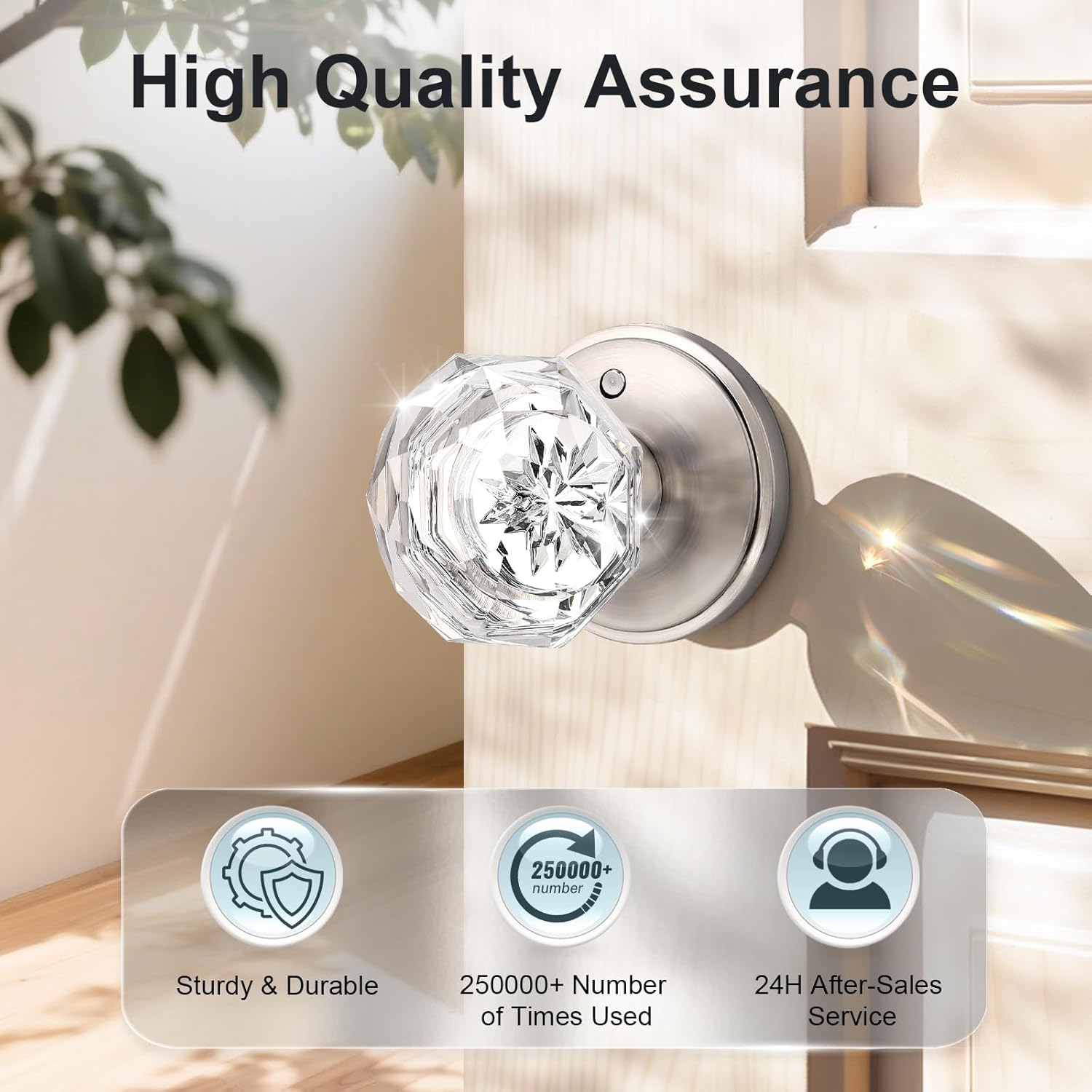 KNOBWELL Privacy Glass Door Knob for Bedroom and Bathroom, Vintage Clear Crystal Door Knobs with Lock, Crystal Interior Door Knobs with Victorian Plate Rosette, Satin Nickel, 3 Pack