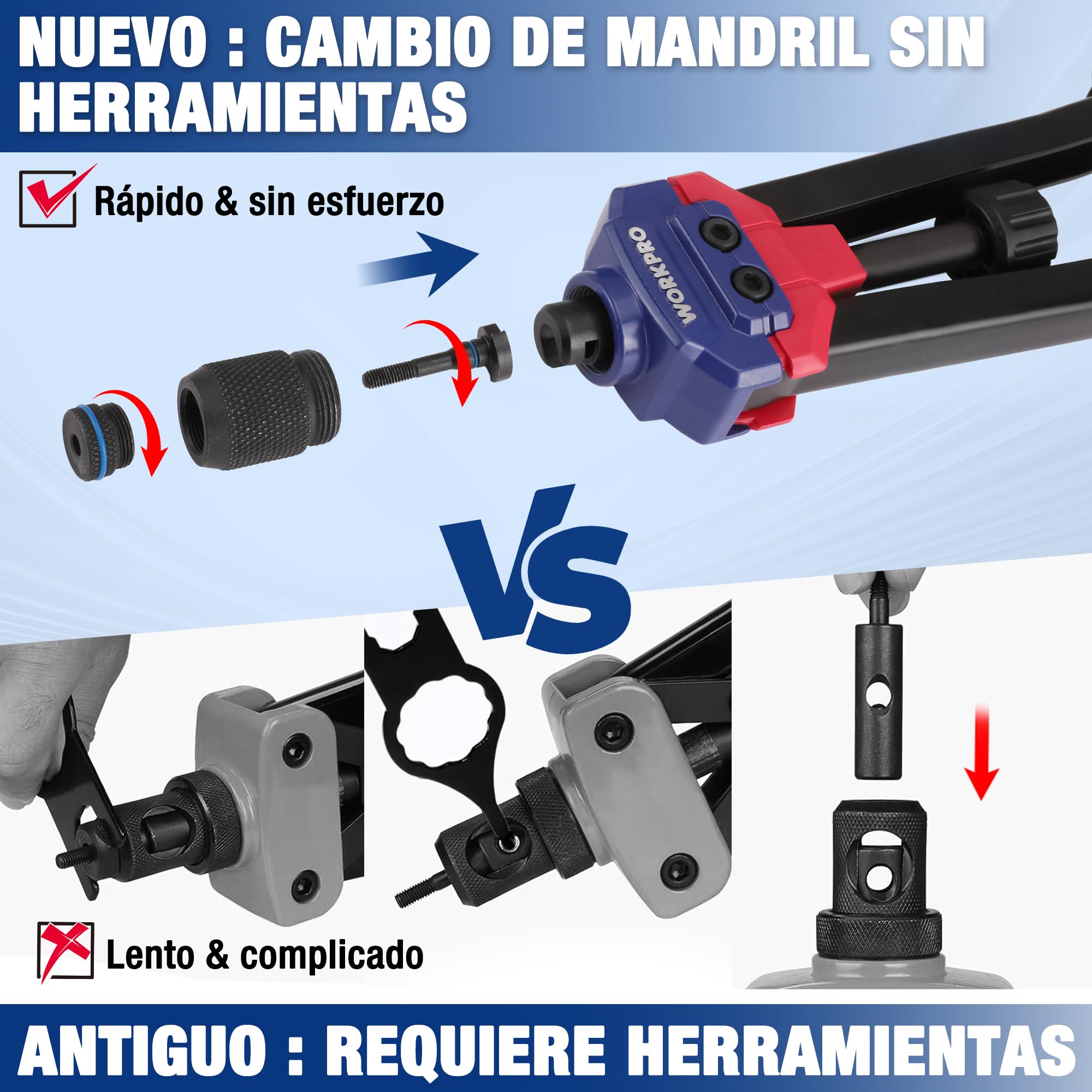 WORKPRO Herramienta de tuerca de remache, kit de herramientas de remache de 16 pulgadas con 11 mandriles métricos y SAE, juego de herramientas de remache manual con 185 remaches, remachadora manual de | de 16 pulgadas con 11 mandriles métricos y SAE, jueg