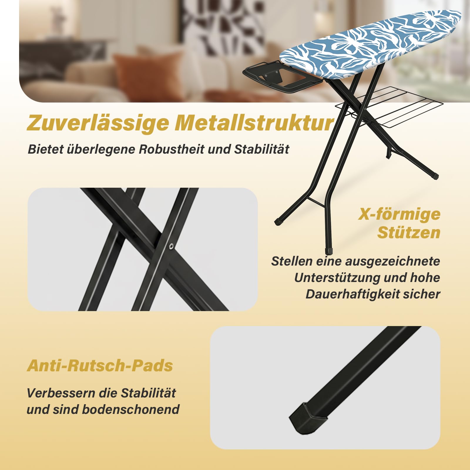 STANEW Bügelbrett 122 x 38 cm,Klappbares Bügelbretter Bügeltisch für Dampfbügeleisen,Sicherheitsschließsystem,höhenverstellbar,Integriertem Eisenständer(Indigo-Farbstoff)