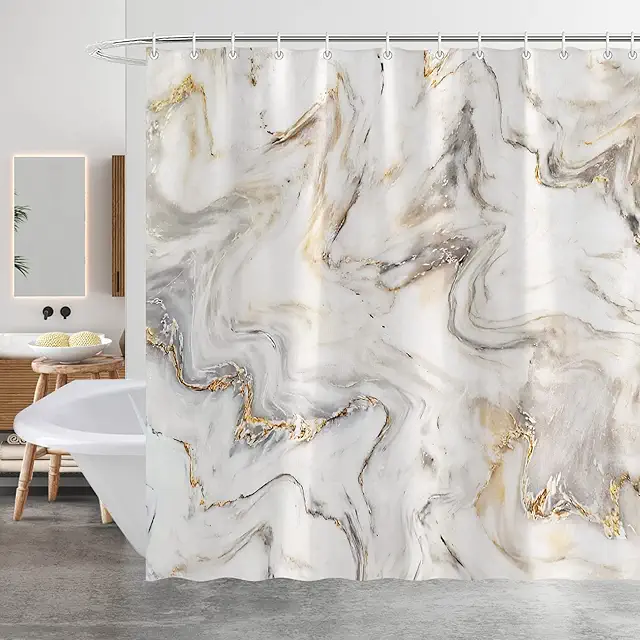 Scalloped Shower Curtain - Mould Proof, Waterproof Marble Design with Hooks