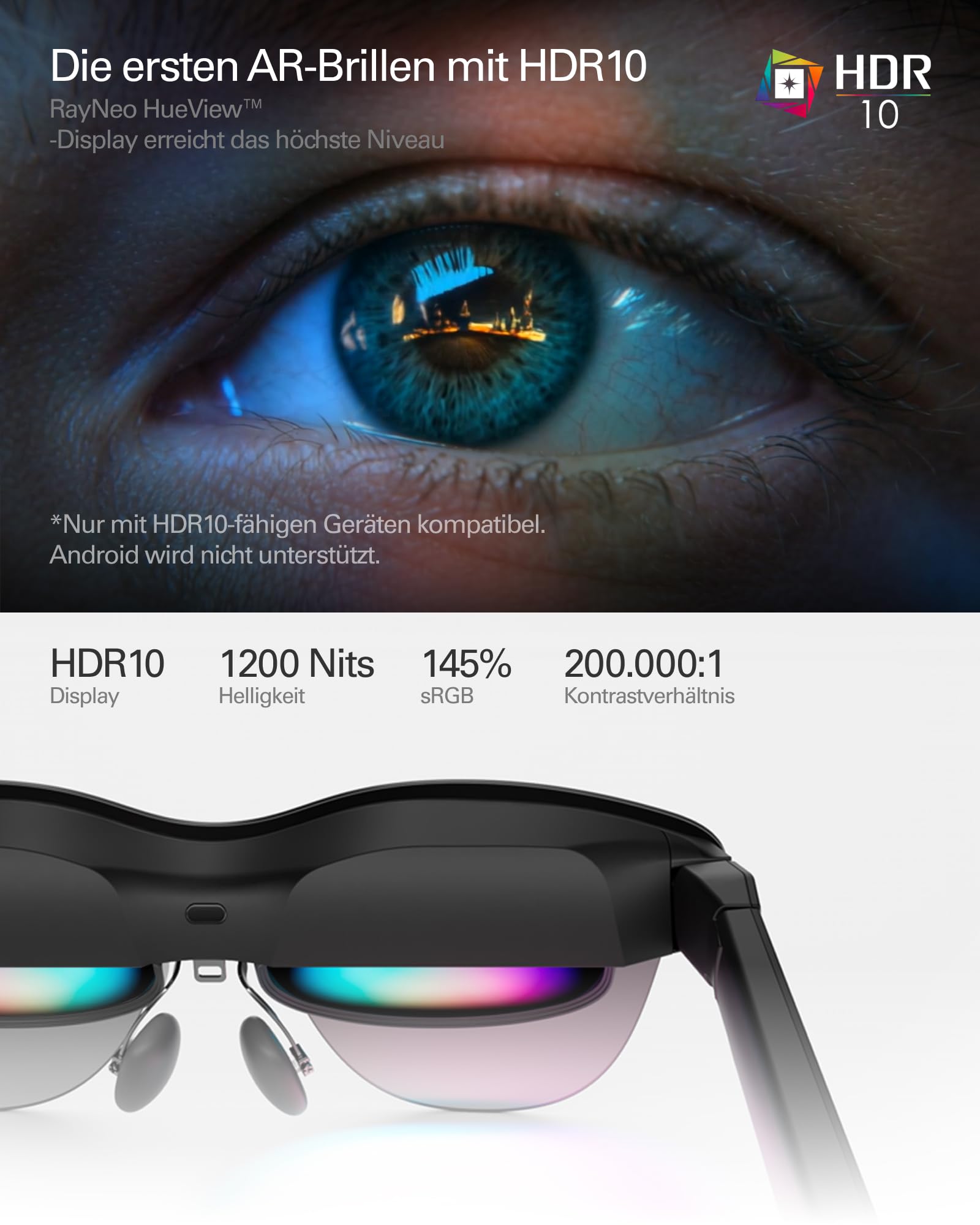 RayNeo Air 4 Pro AR/XR-Brille, HDR10-Display, Vision 4000 Chip, 201 Zoll Virtuelles Kino, 3D-Filme & Gaming Brillen für iPhone 17,16,15/Android/Switch 2/Mac/Steam Deck/PS4/5