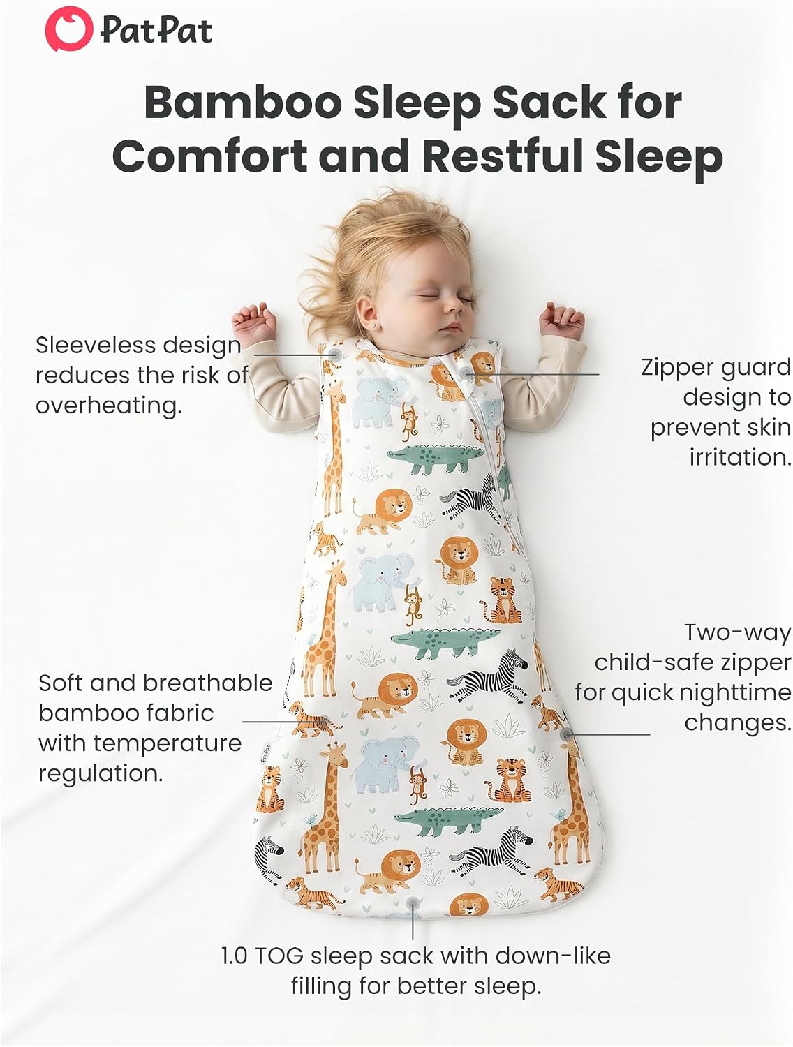 PATPAT Bamboo Viscose Baby Wearable Blanket (Sleep Sack Style), 0.5 TOG/1.0 TOG, Breathable & Soft, 2-Way Zipper, 0-24 Months