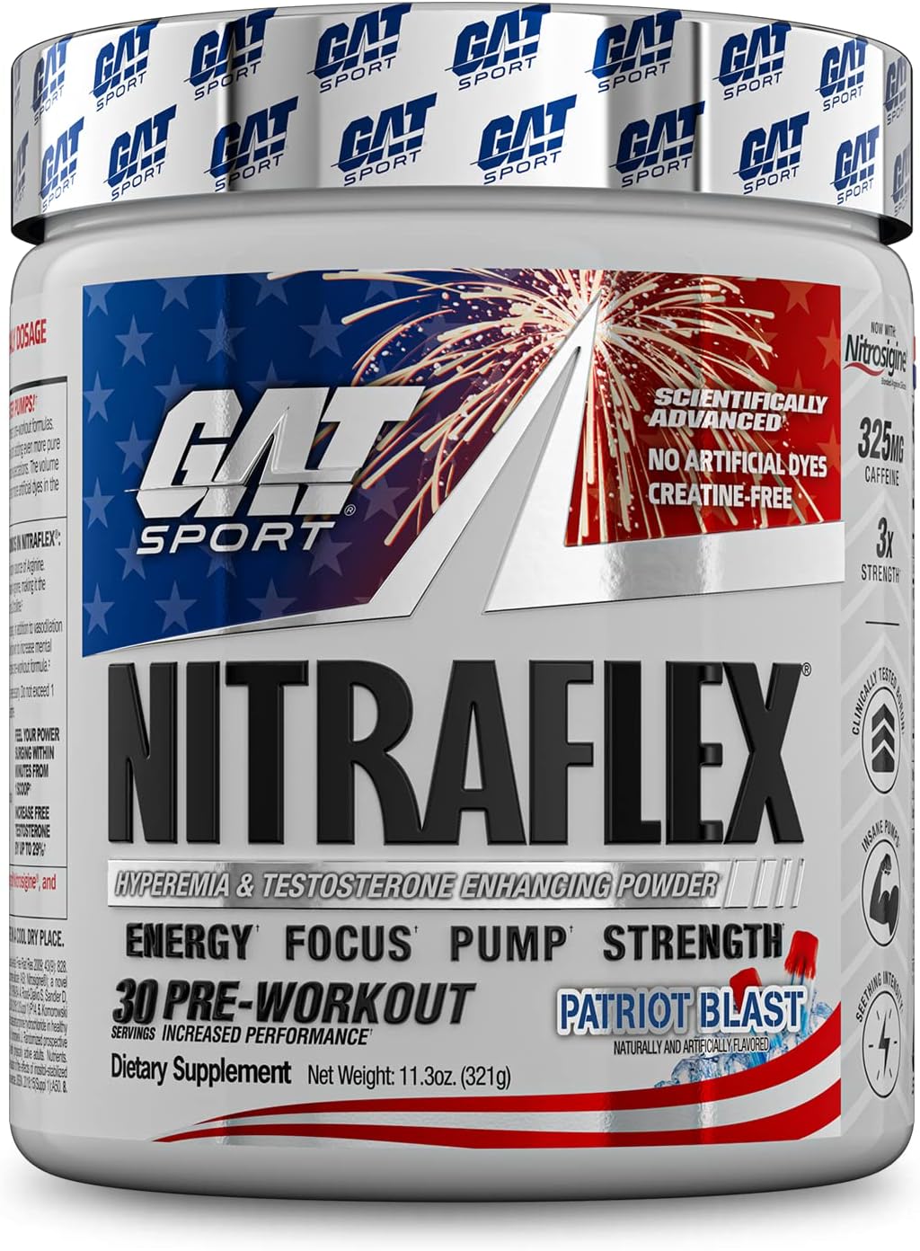 GAT Sport, Nitraflex Advanced Pre-Workout Powder, Increases Blood Flow, Boosts Strength and Energy, Improves Exercise Performance, Creatine-Free (Patriot Blast