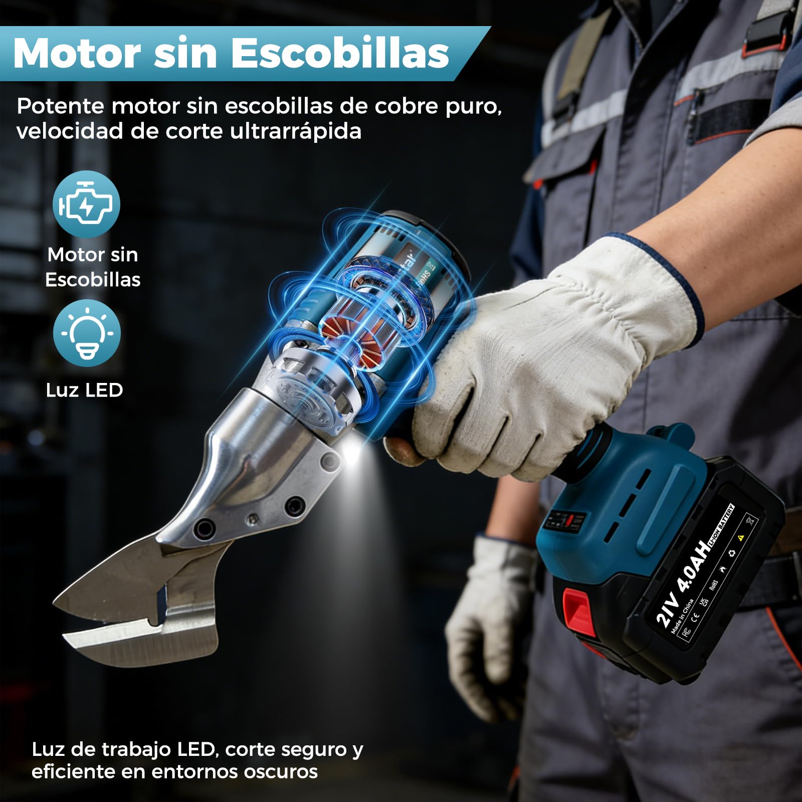 Bostar Tijeras de Chapa a Batería, Motor Sin Escobillas con 2 Baterías 4.0Ah, Cizalla Eléctrica para 1,5mm Metal y 2,0mm Aluminio, Cabezal 360°, Compatible con Makita 18V Batería