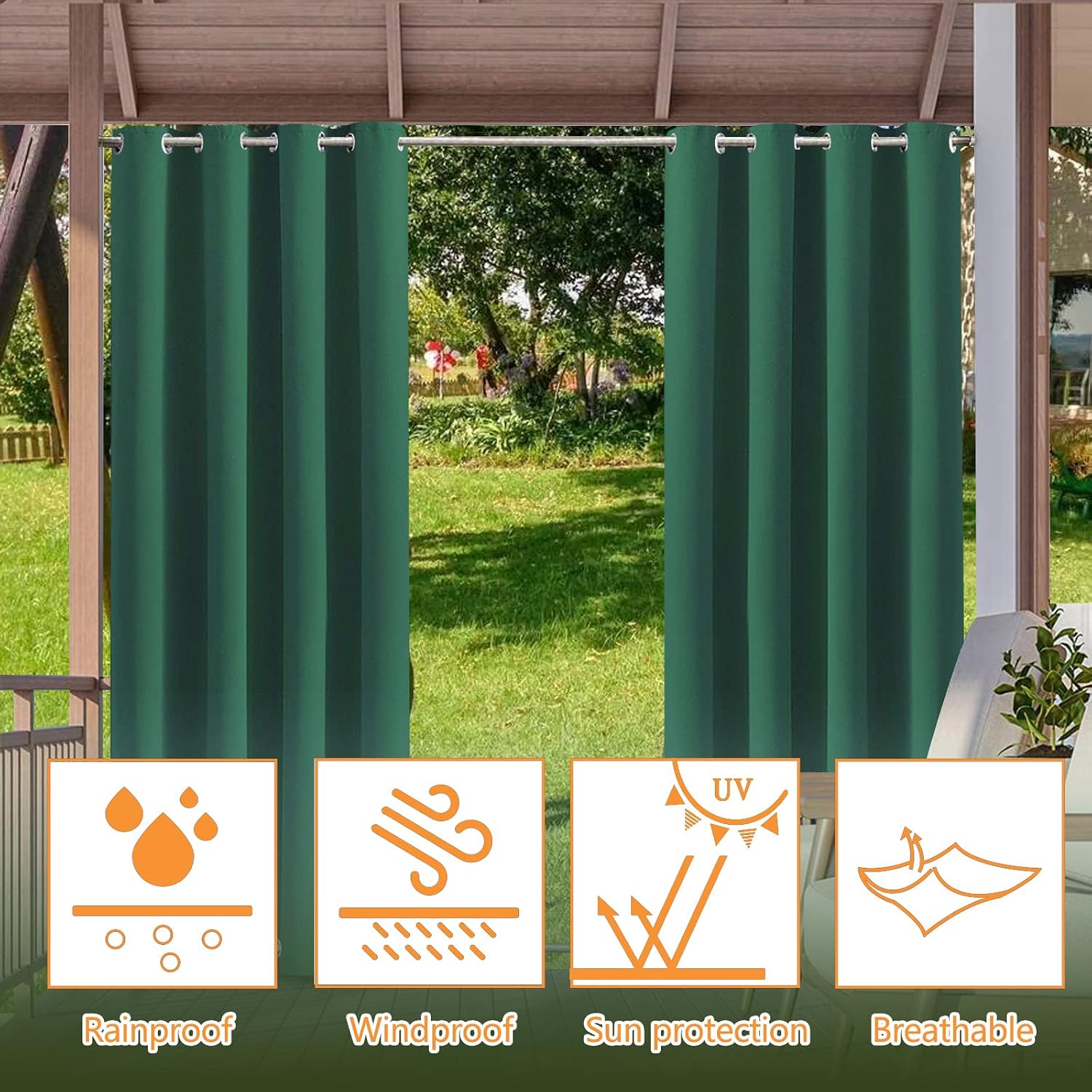 Outdoor Waterproof Curtain Tab Top Thermal Insulated Blackout Curtain Drape for Patio Garden Front Porch Gazebo Dark Green (Width x High) W118.11 x H94.48 x 1PC