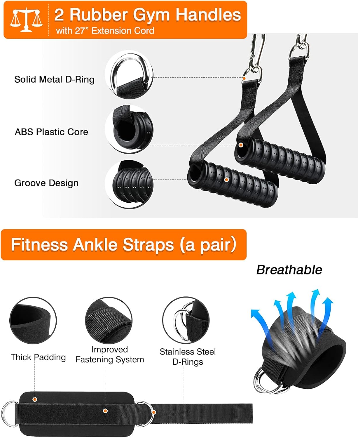 Lat Pulldown Attachment, Cable Machine Attachments for Gym, Home Gym Cable Weight Accessories: Tricep Rope, V Shaped Bar, V Handle, Straight Bar, Double D Handles, Exercise Handles, Ankle Straps