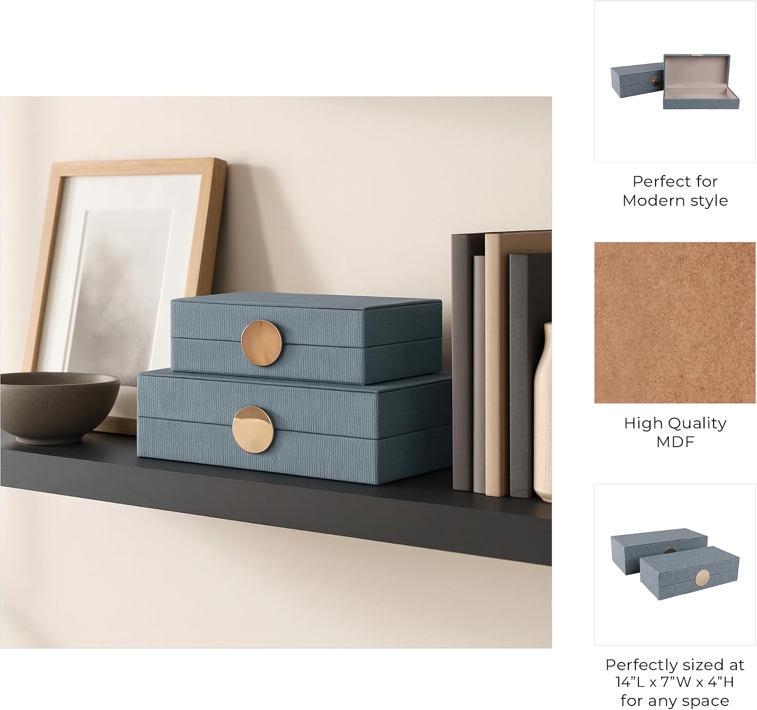Decorative Rectangular Faux Leather Boxes for Home Decor - Stylish Decor Box with Lid for Storage, Jewelry, or Keepsake - Elegant Home Organizer for Living Room Decor - Set of 2, 4", 3", Blue & Gray
