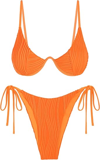 ZAFUL Womens Underwire Ribbed Triangle Bikini Set 2 Piece Thong Swimsuits