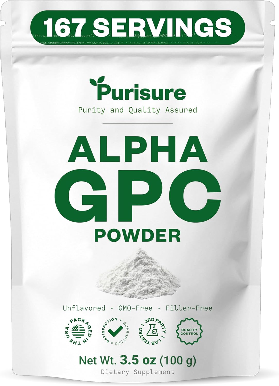 Purisure Alpha GPC Powder, Choline Supplement and Nootropics, Cognitive and Mood Support, Helps Stimulate Brain Focus, Memory Performance and Concentration, 100g, 167 Servings