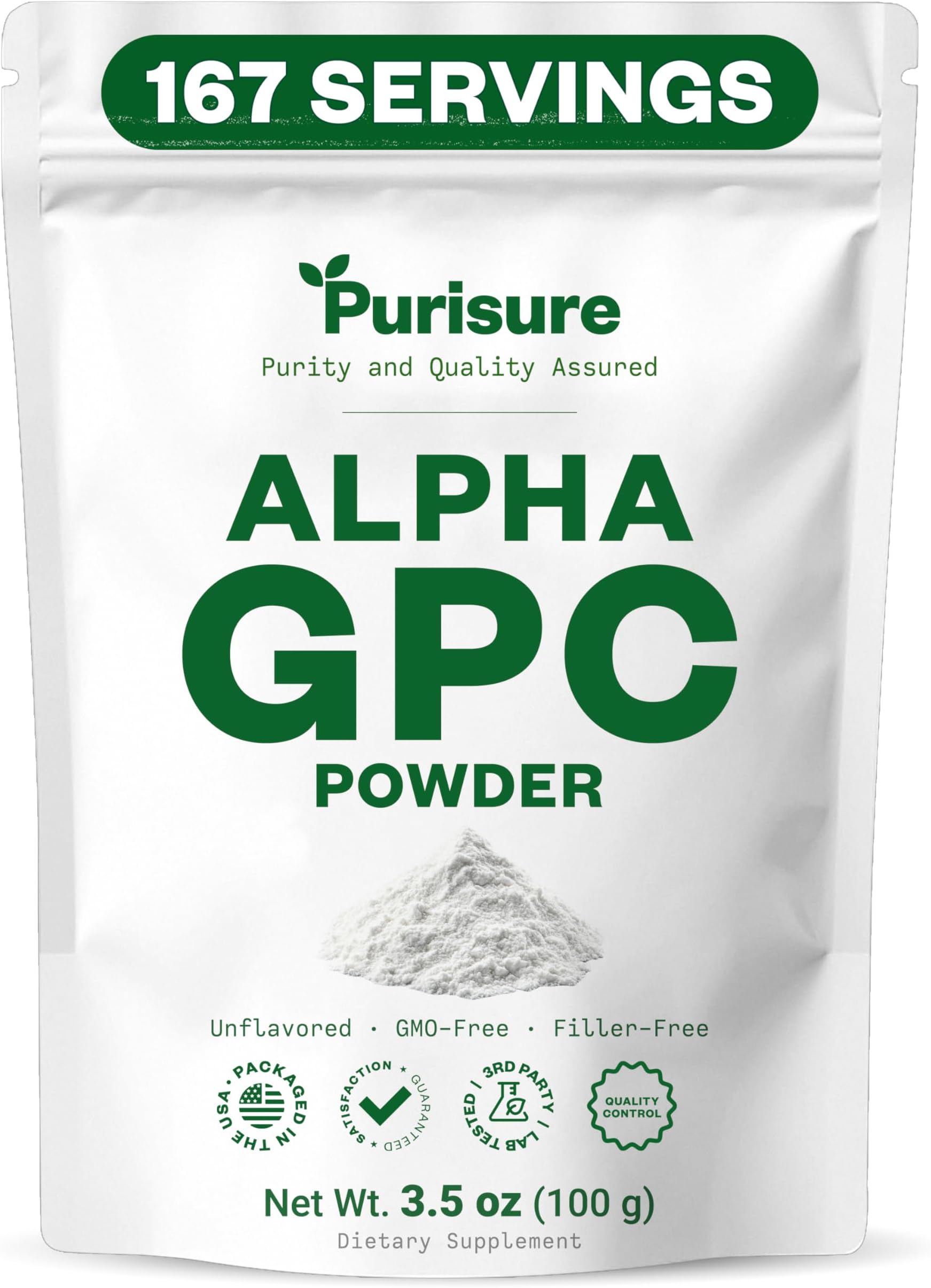 Purisure Alpha GPC Powder, Choline Supplement and Nootropics, Cognitive and Mood Support, Helps Stimulate Brain Focus, Memory Performance and Concentration, 100g, 167 Servings