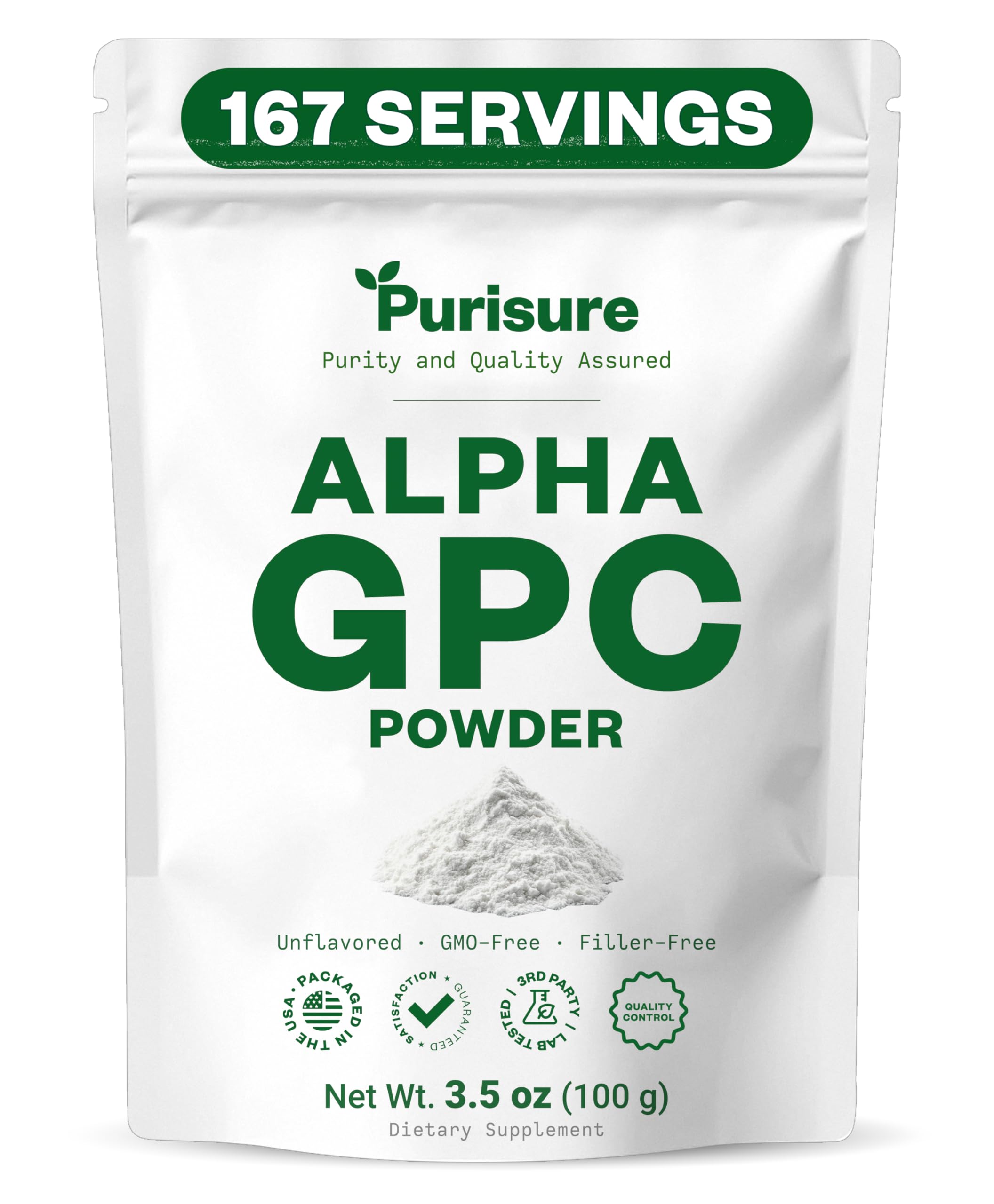 Purisure Alpha GPC Powder, Choline Supplement and Nootropics, Cognitive and Mood Support, Helps Stimulate Brain Focus, Memory Performance and Concentration, 100g, 167 Servings 3.5 Ounce (Pack of 1)