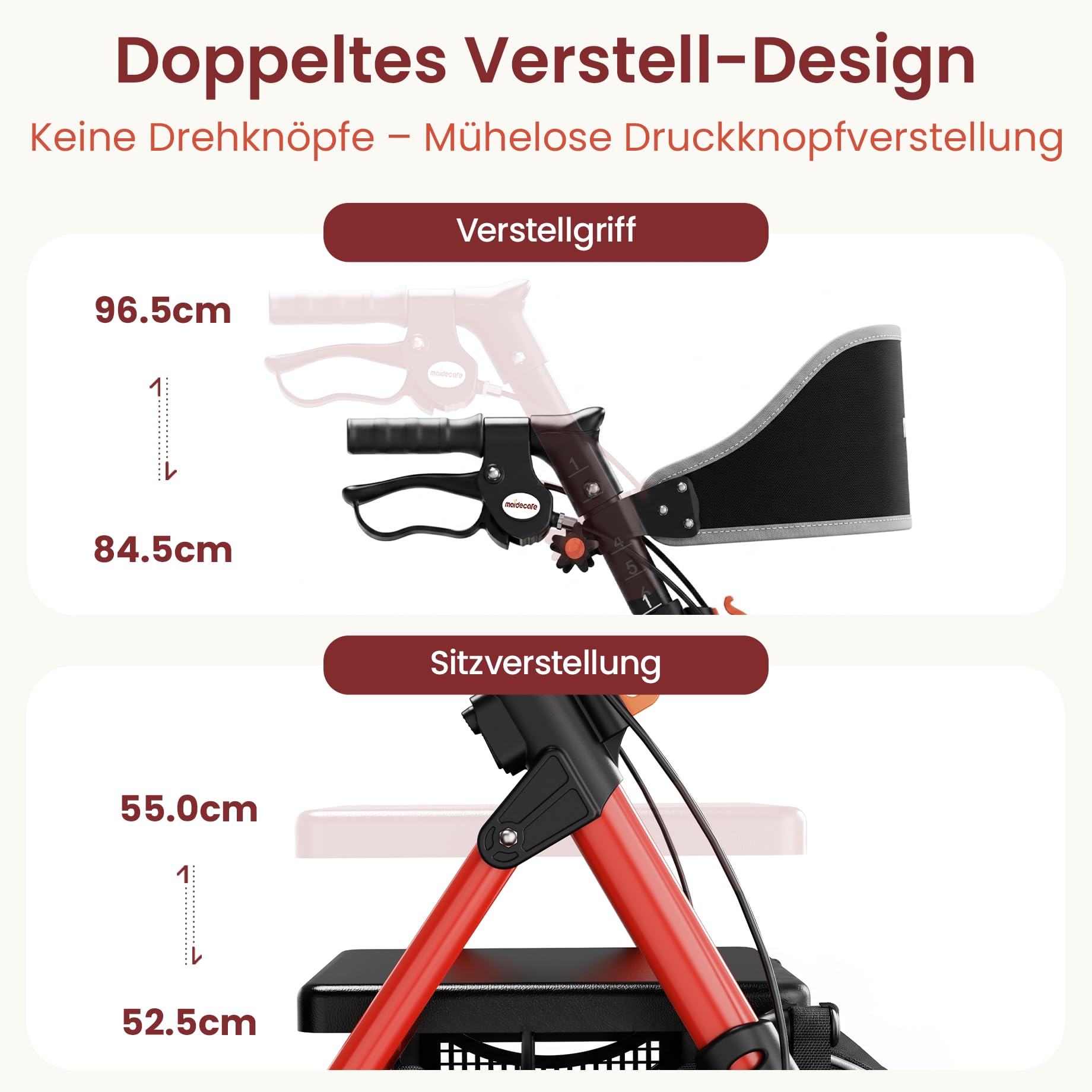 Rollator Faltbar und Leicht mit Sitz, Rollatoren für Senioren Klappbar, Schmal für Wohnung, Outdoor Walker, 20cm Reifen für All Gelände, 6-fach höhenverstellbar Griff, Aluminium, Rot