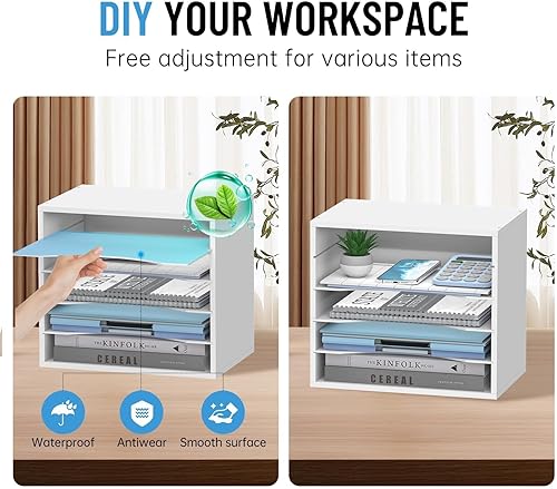 Miniatura 4 de Organizador de escritorio de madera de 5 niveles, organizador de bandeja de papel para escritorio con estantes de almacenamiento ajustables,