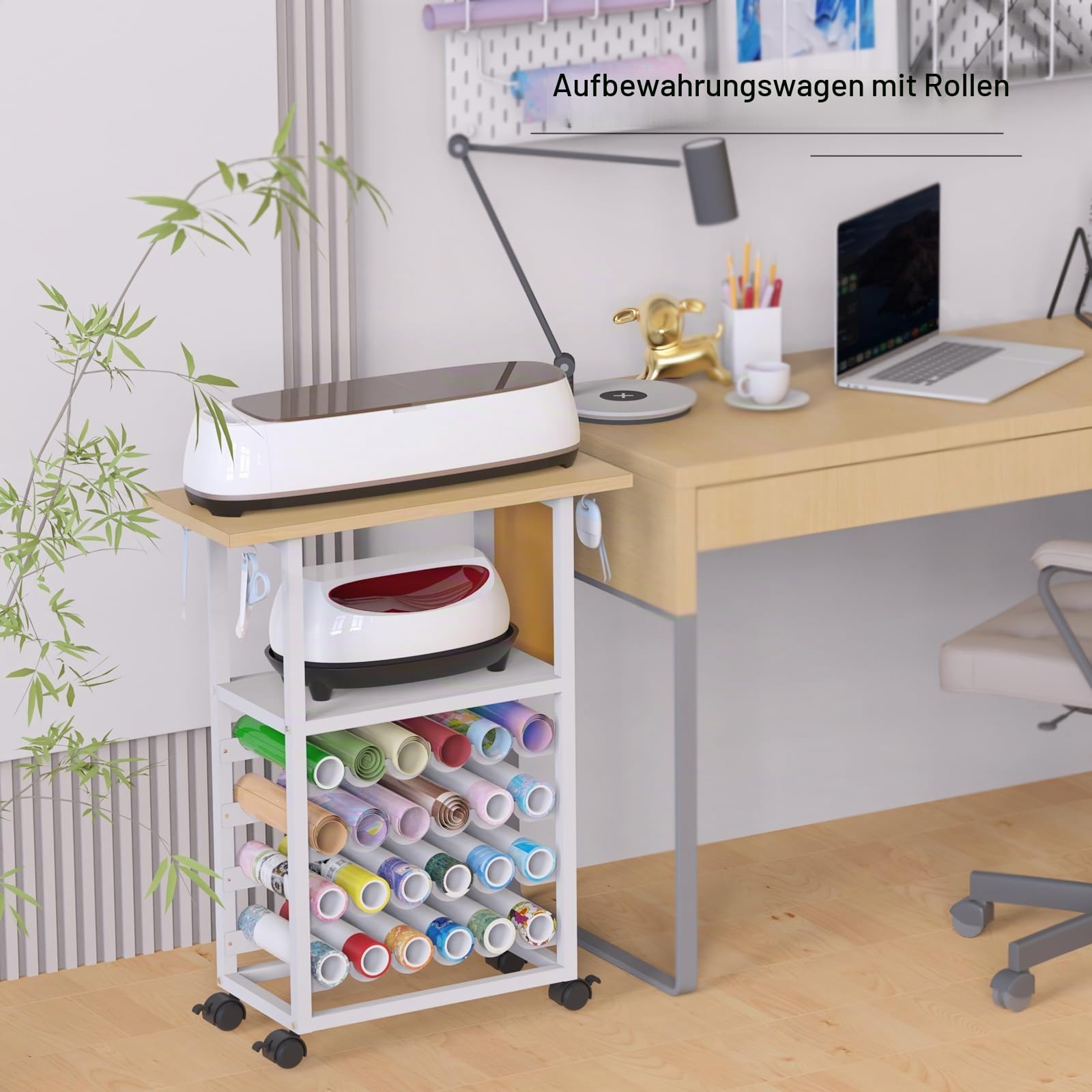Rollwagen mit Basteltisch, Organisations-Arbeitsplatz, kompaktes, abnehmbares Design, Aufbewahrungs- und Organisationslösung mit 24 Vinyl-Rollenhaltern(weiß)