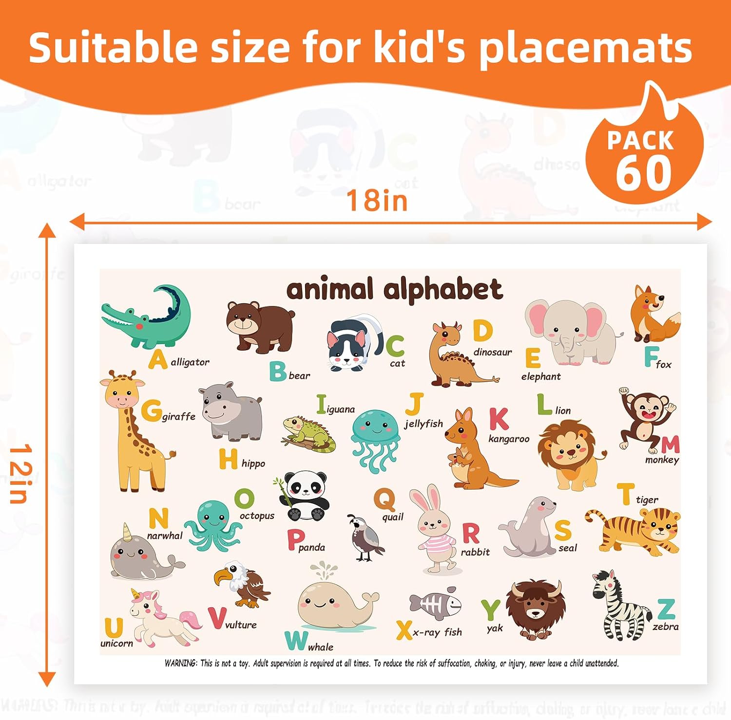 60 Pack Disposable Placemats for Baby, 12"x18" Sticky Placemats for Toddlers, Disposable Baby Placemats for Kids Restaurant & Travel, Animal Alphabet Design
