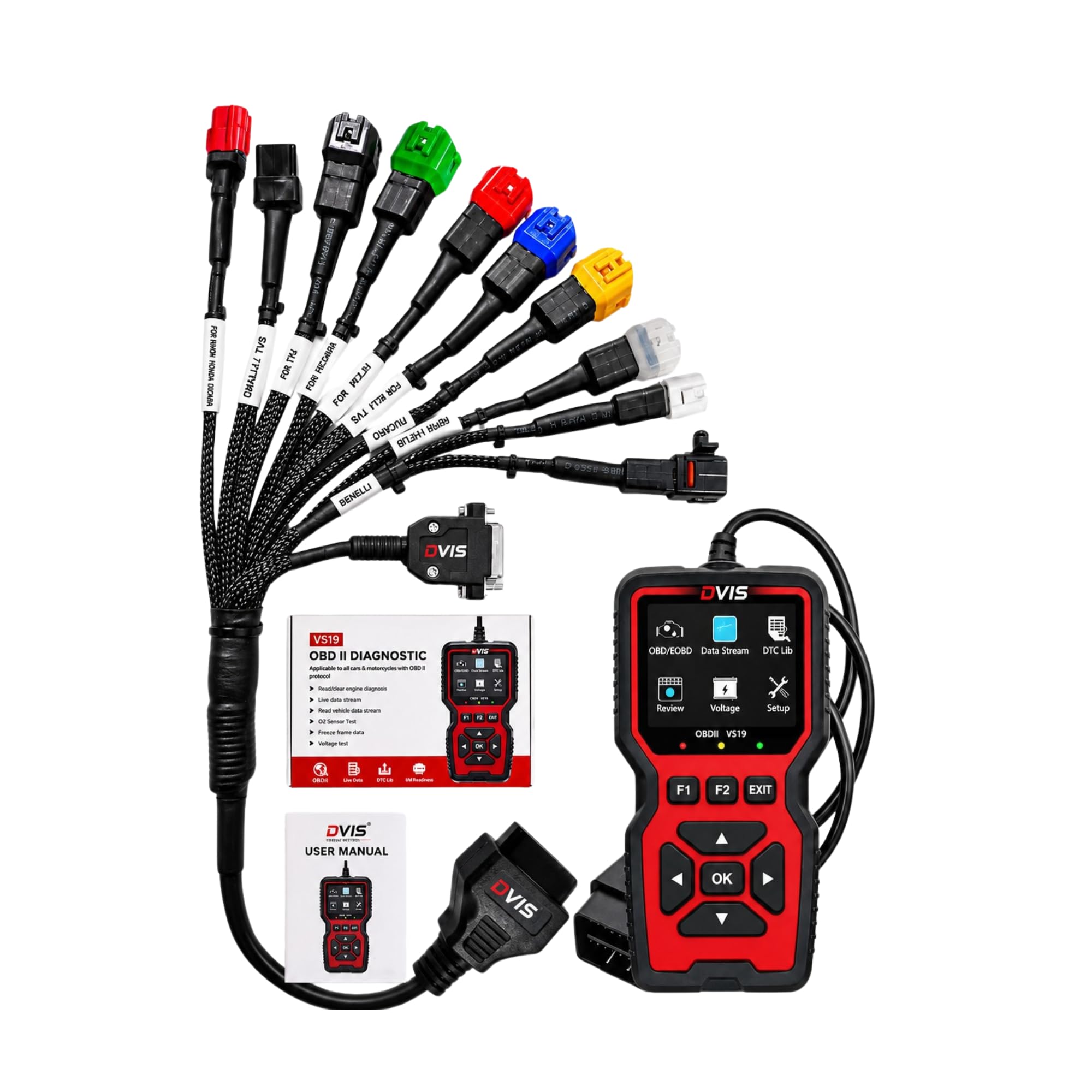 DVIS V519 OBD II Scanner with 11 Cord Cables Kit for BS6/BS7 Bikes