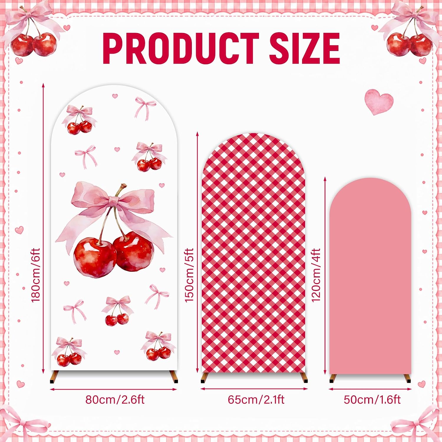 3PCS Cute Cherry Bow Arch Backdrop Cover Set Pink Bow Cherry Party Decor Pink Red Plaid Backdrop Stand Spandex Fitted Arch Cover for Baby Shower Gender Reveal Party Birthday Parties Decor 4ft 5ft 6ft