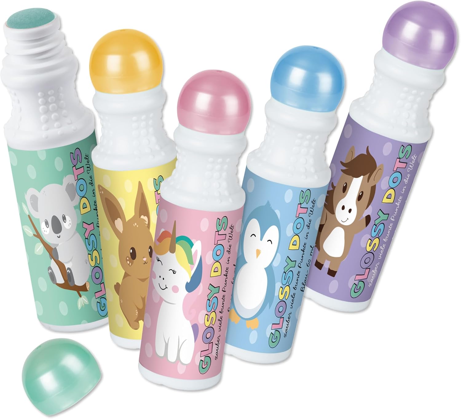 Lutz Mauder Stamp Marker Painting and Stamp Pens Glossy Dots, Pack of 5 Different TapirElla Designs in Pastel Colours with Metallic Effect, Colouring Pens and Stamps in Five Colours