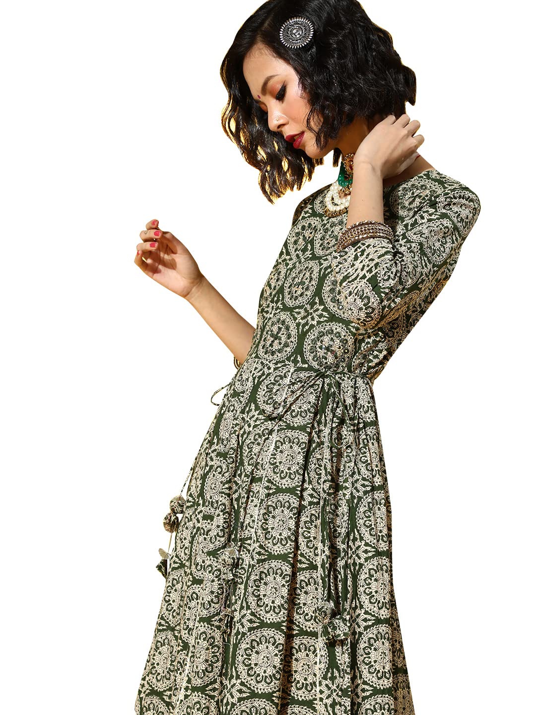 Ishin Women's Cotton Anarkali Embroidered Kurta Kpm-21021_M_Green