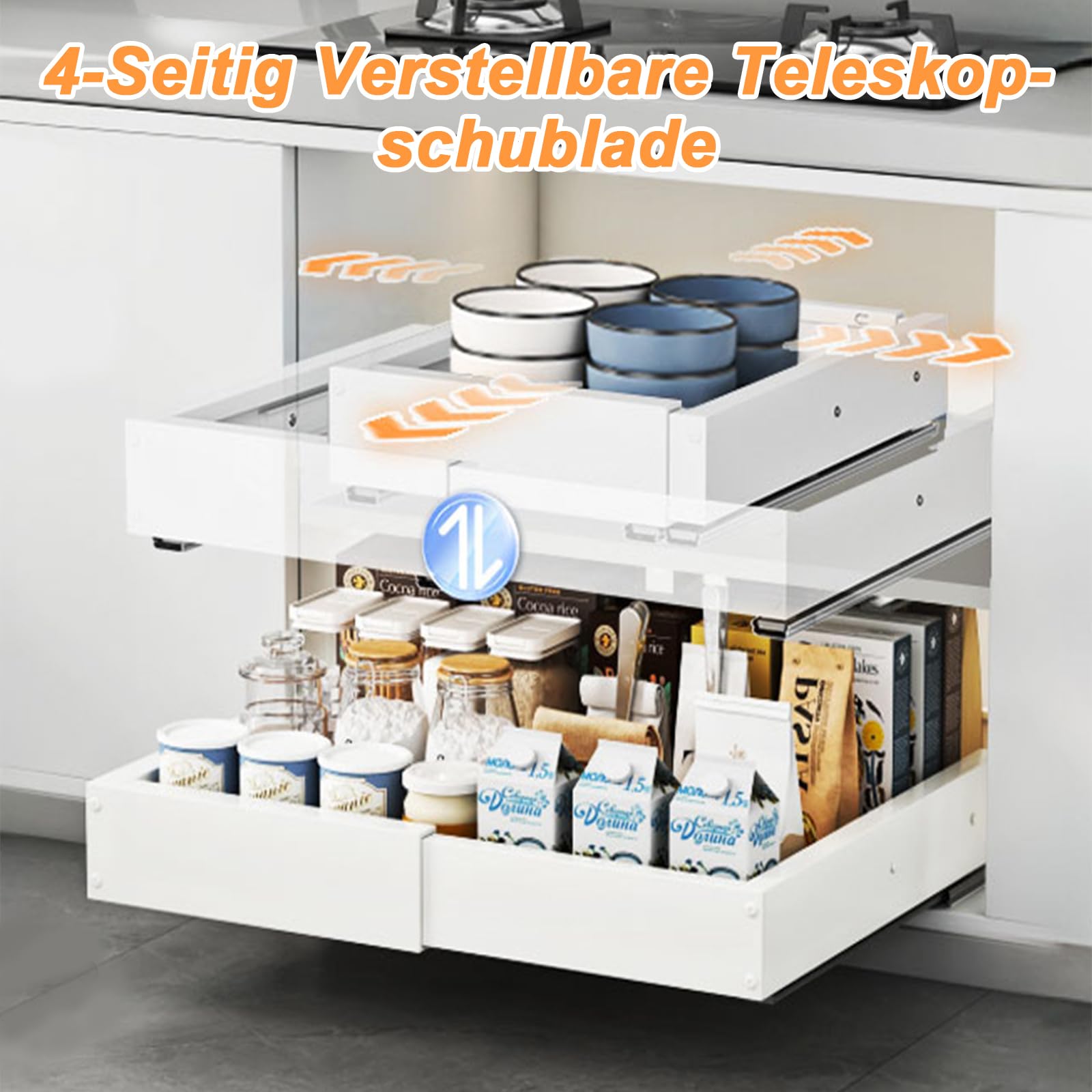 Teleskopschublade 50cm Tief 2 Stück Ausziehbare Schublade Küche Verstellbar 41,5-55cm Weiß