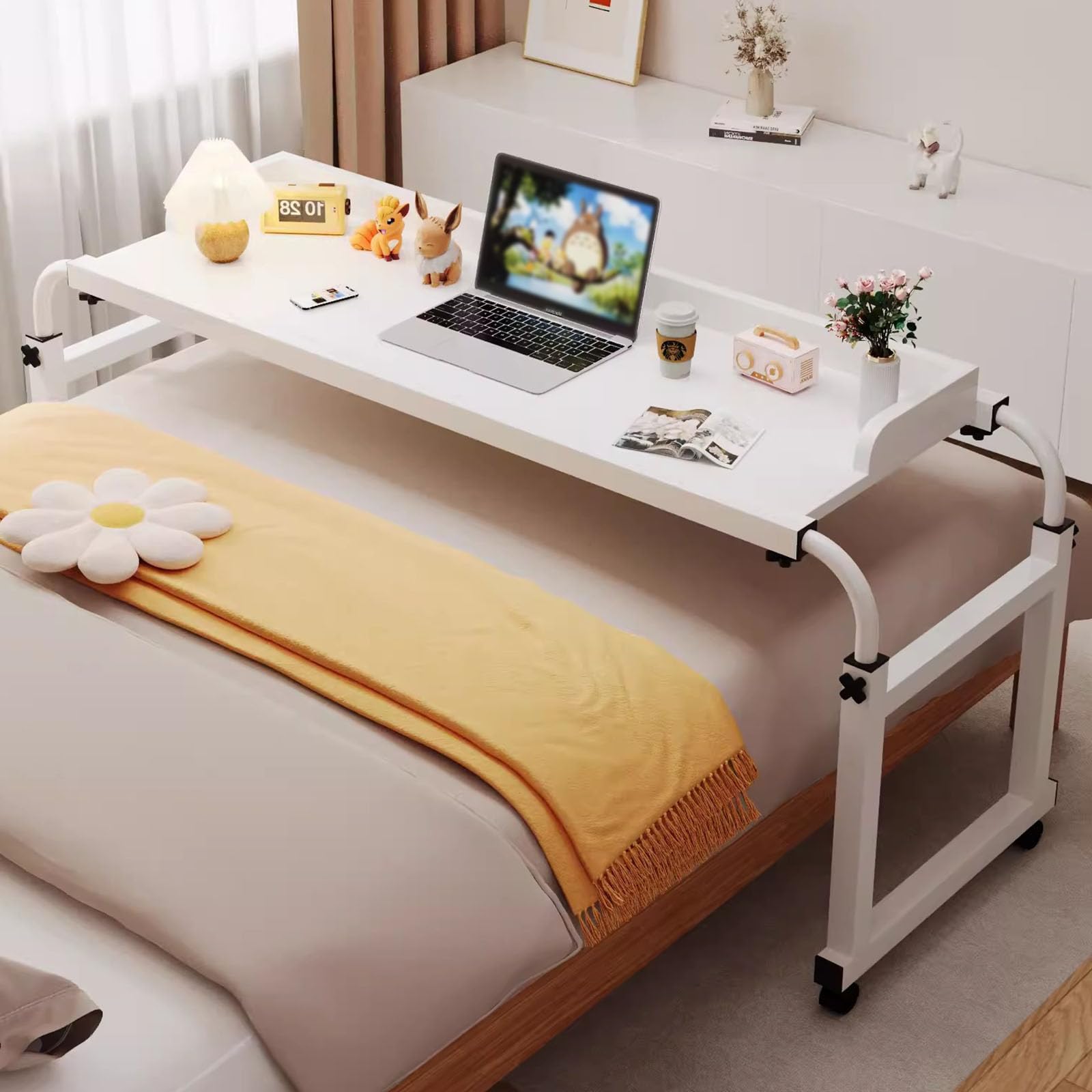 Table De Lit sur Roulette，Table De Chevet RéGlable en Hauteur De Nourriture Table MéDicale Roulante pour Support pour Ordinateur Portableroulant Lit Table(Color:Blanc)