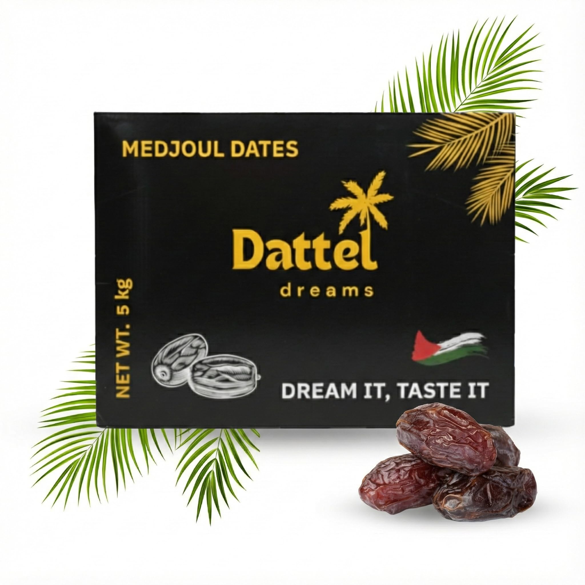 Datteldreams Medjool Datteln (Medjoul) Jumbo Large aus Palästina – Neue Ernte 2025/2026 – Premium Königsdatteln, soft & karamellig, 100% natürlich, ohne Zusatzstoffe – vegan (5kg Karton)