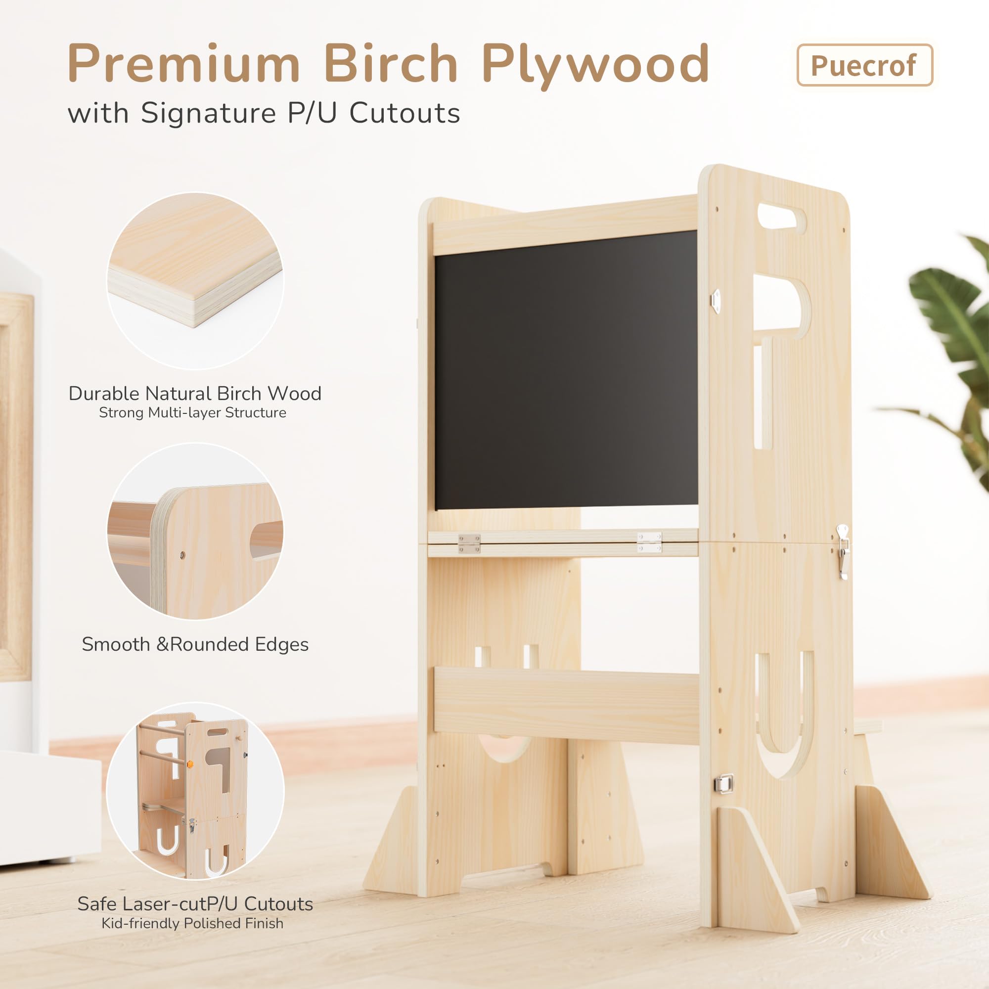 Lernturm für Kinder, klappbarer 3-in-1 Küchenhelfer Tritthocker aus Holz mit Kreidetafel, mit Sicherheitsbügel, ab 18 Monaten
