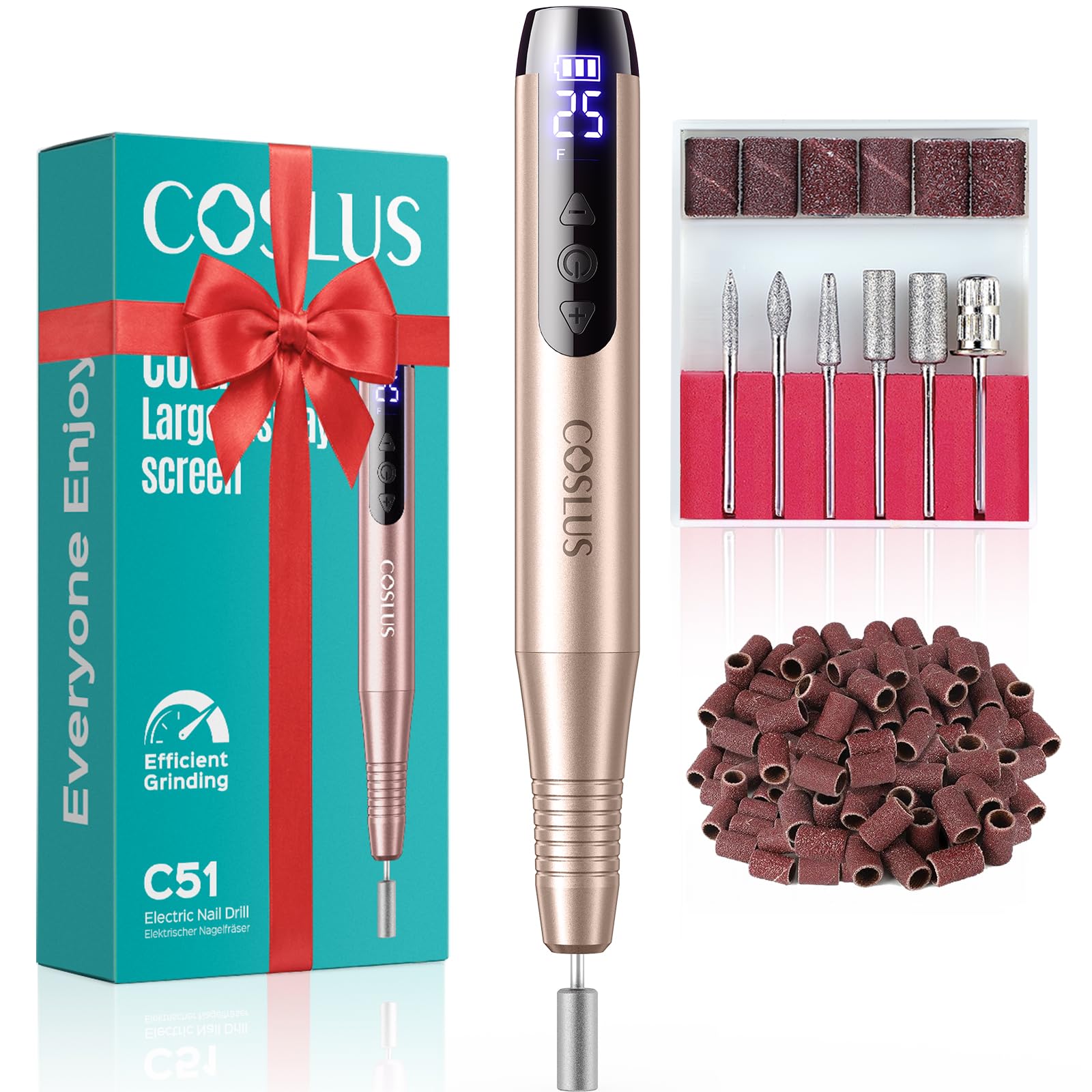 COSLUS C51 Kabellos Tragbar Elektrischer Nagelfräser: Elektrische Nagelfeile für Gelnägel 35000 u/min Nail Drill mit LED-Display & 25 Geschwindigkeiten für Nägel & Acrylnägel portabel für Reisen, Gold