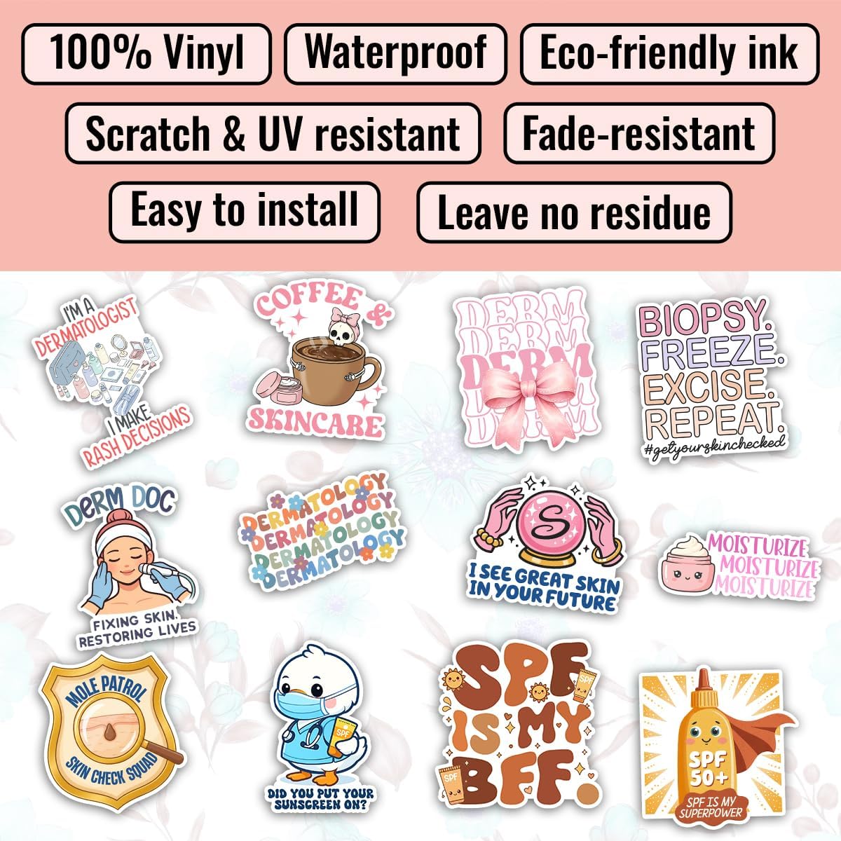 TODOLIA (15Pcs-3in) Dermatology Sticker Pack, Derm Doctor Skincare Dermatologist Sticker, Dermatology Staff Dermatologist Gift, Decor for Laptop Tablet Spa Office Clinic Water Bottle Helmet Vehicles image 3